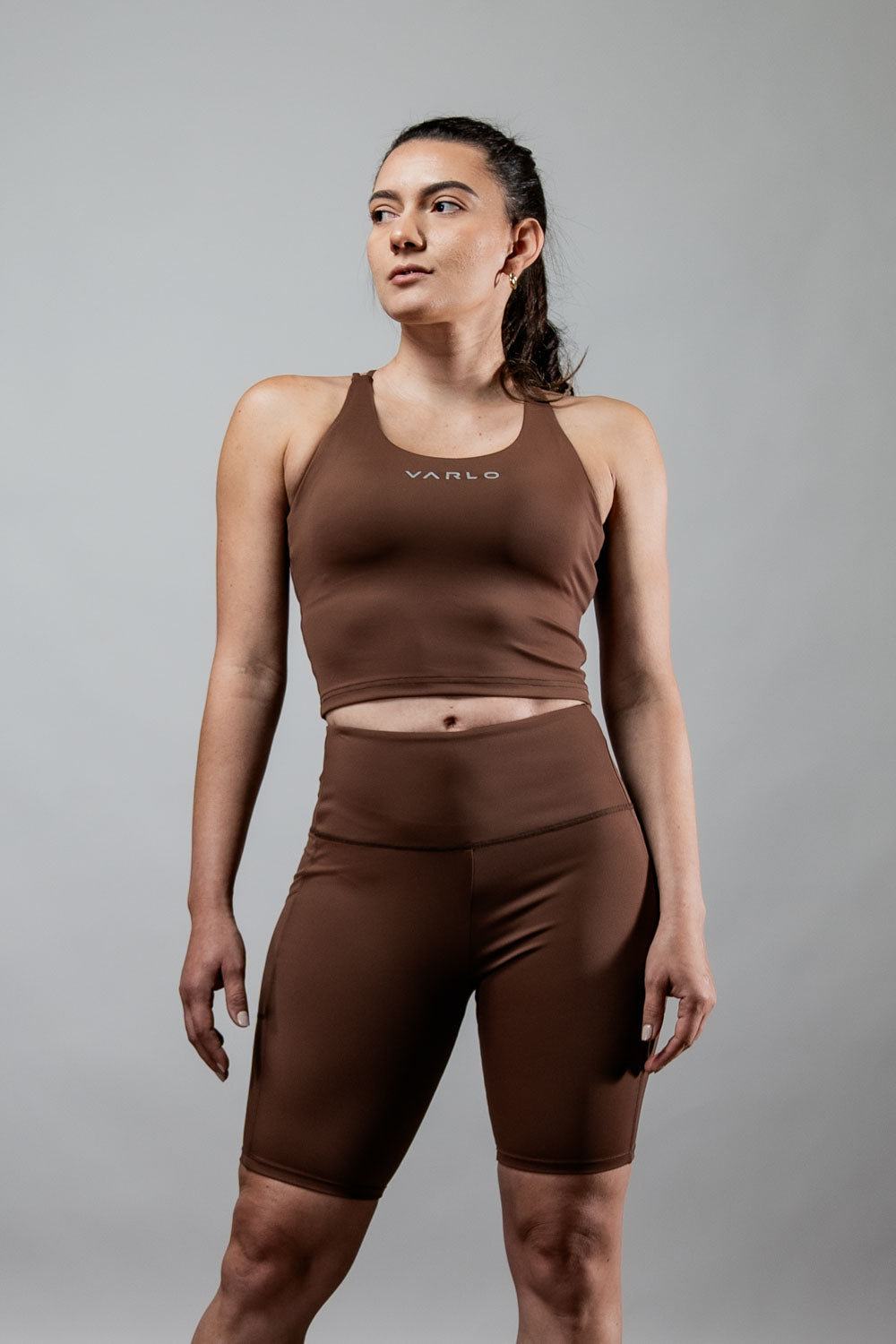 Varlo Women's SOHO Cross Back Crop Tank (City Mocha) — detail shot 6