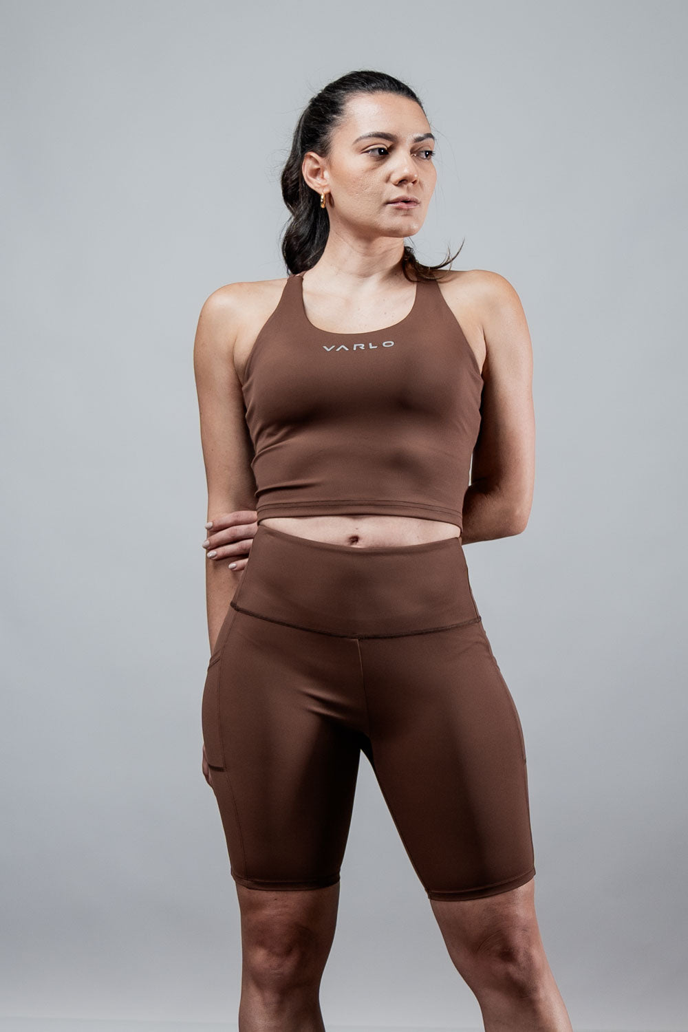 Varlo Women's SOHO Cross Back Crop Tank (City Mocha) — detail shot 8