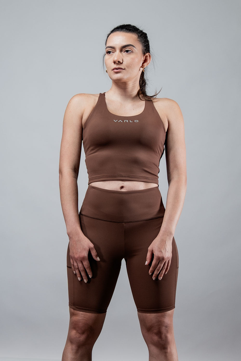 Varlo Women's SOHO Cross Back Crop Tank (City Mocha) — construction detail