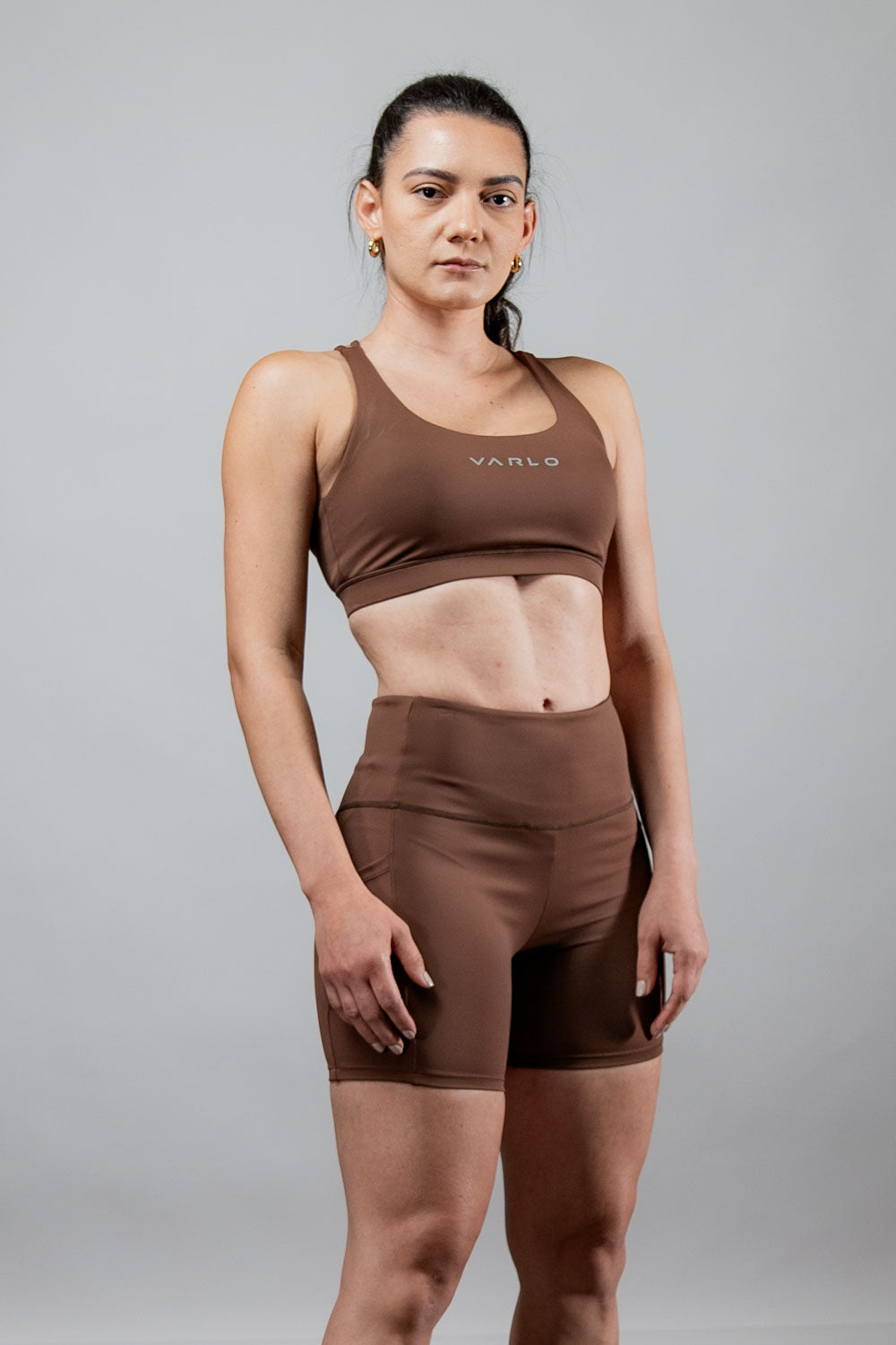 Varlo Women's SOHO Cross Back Sports Bra (City Mocha) — lifestyle worn / used context