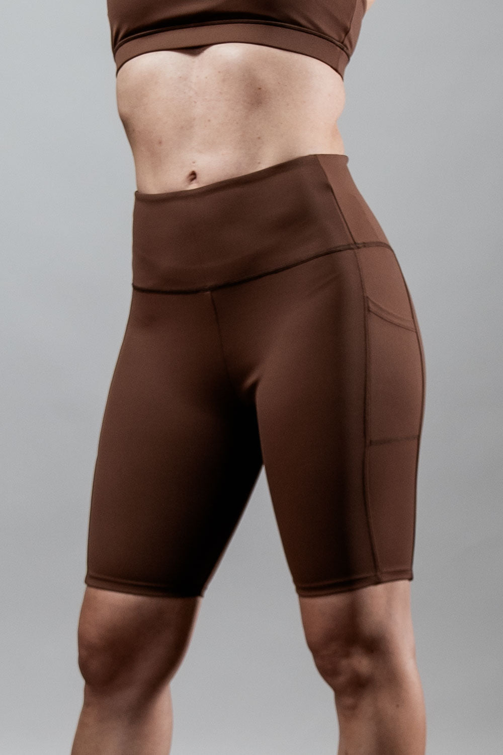 Varlo Women's SOHO Fitness Shorts 8" (City Mocha) — construction detail