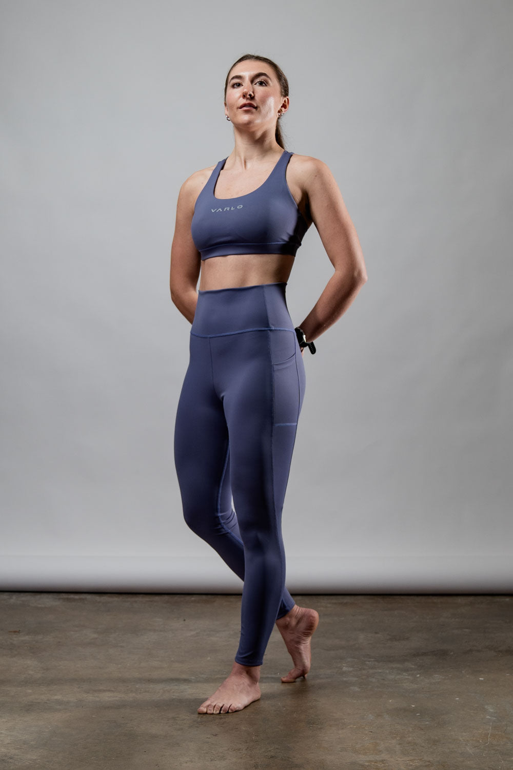 Varlo Women's SOHO Full Length High Waist Leggings (Lilac Mist) — in-use photo