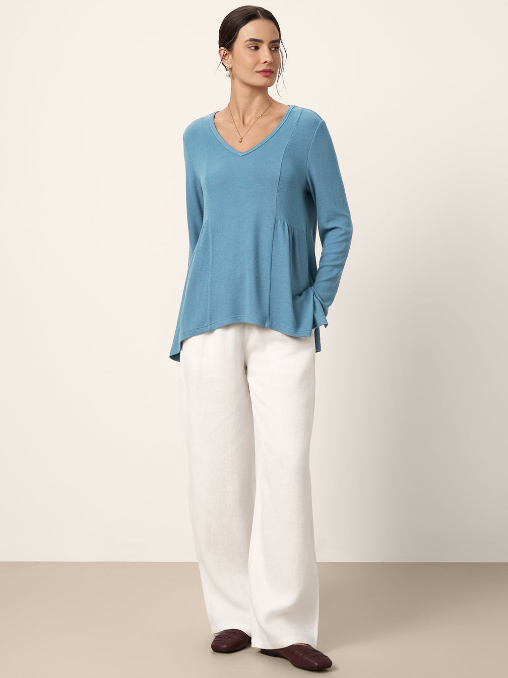 LINTICO Wool-Blend Sweetheart Pleated Long Sleeve Top AMBER — lifestyle worn / used context
