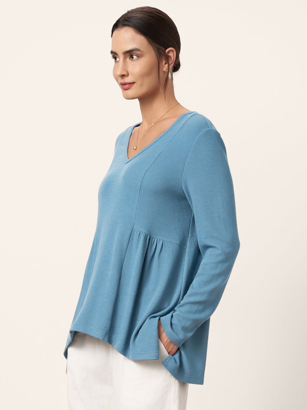 LINTICO Wool-Blend Sweetheart Pleated Long Sleeve Top AMBER — tops-jersey tops category context