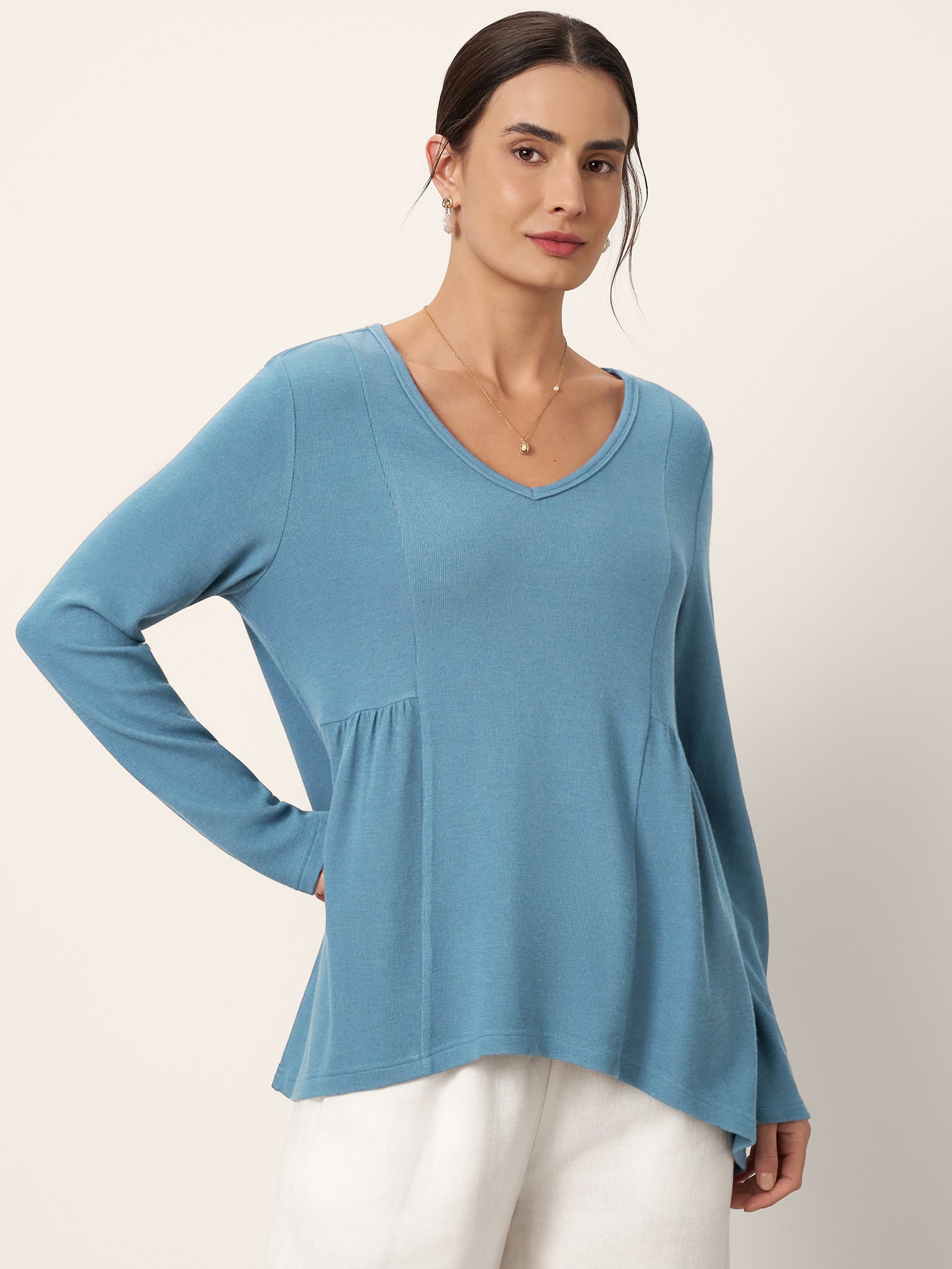 LINTICO Wool-Blend Sweetheart Pleated Long Sleeve Top AMBER — Long Sleeve detail