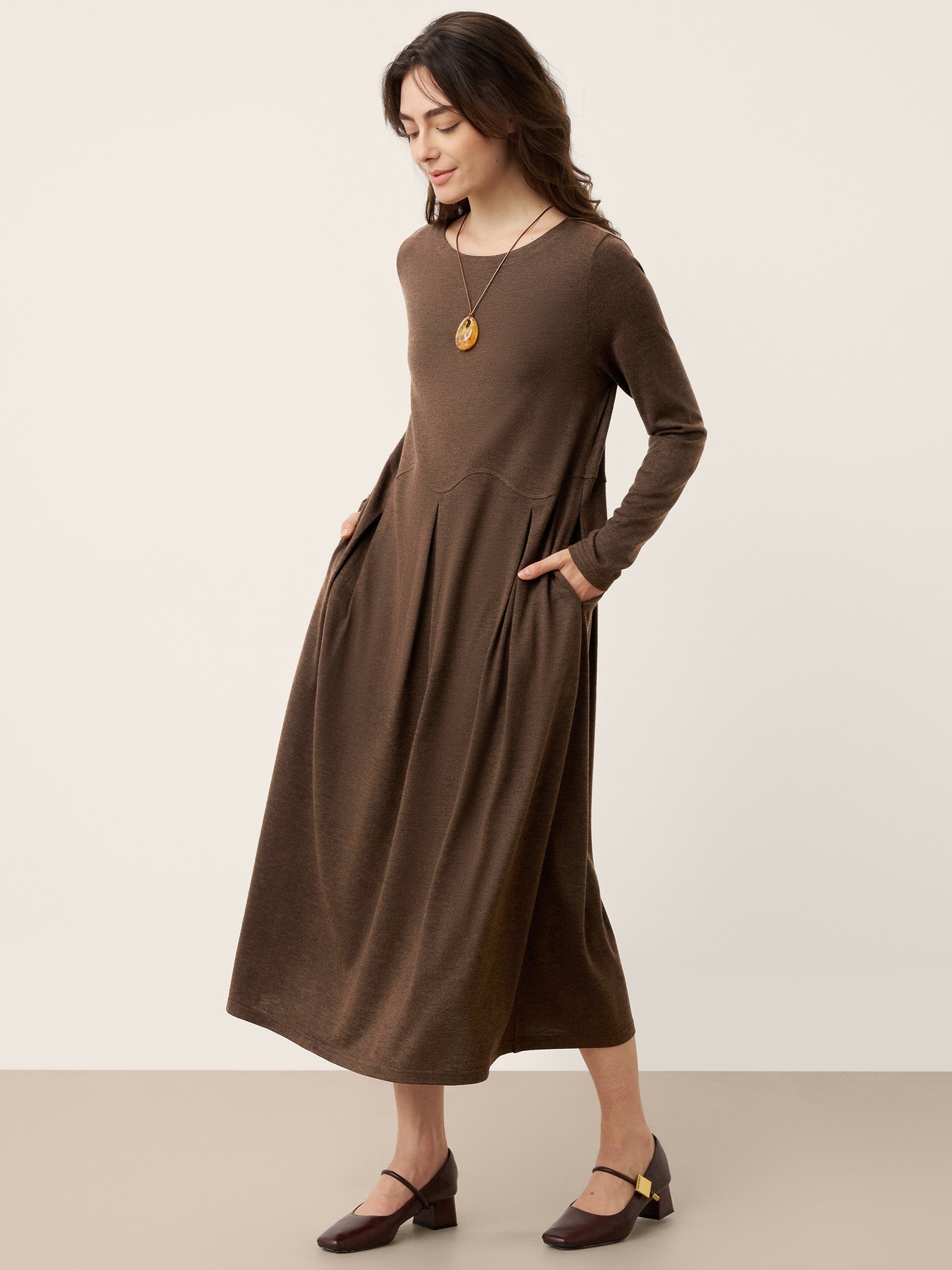 LINTICO Wool Arc-Panel Sculpted Pleats Maxi Dress CALISTA — construction detail