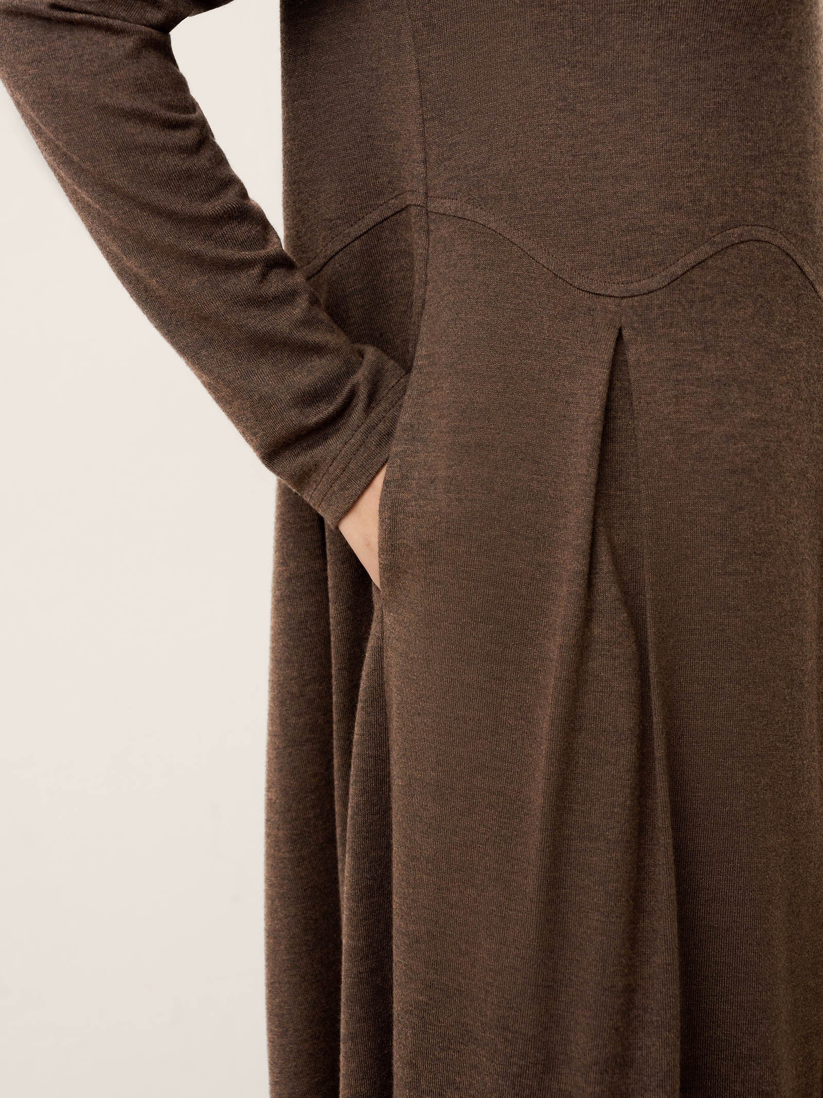 LINTICO Wool Arc-Panel Sculpted Pleats Maxi Dress CALISTA — lifestyle worn / used context