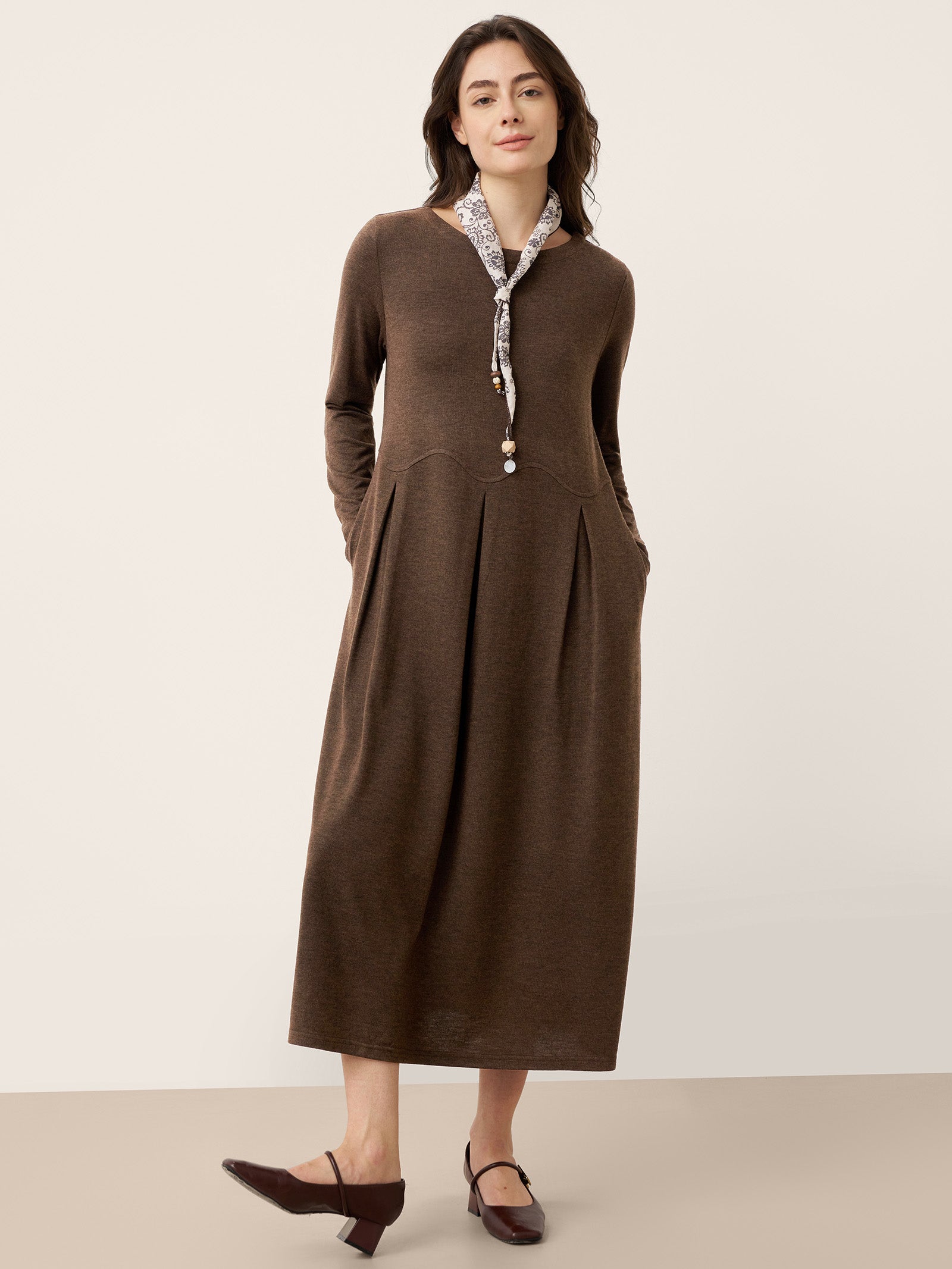 LINTICO Wool Arc-Panel Sculpted Pleats Maxi Dress CALISTA — main product shot