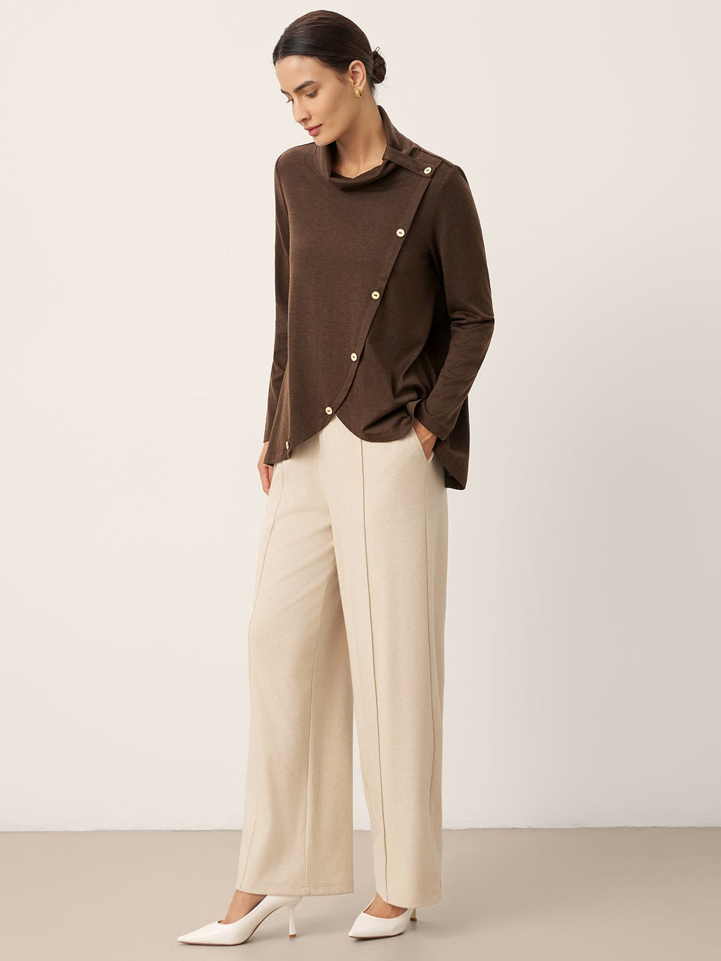 LINTICO Wool Asymmetric Hem Long Sleeve Top CHARITY — lifestyle worn / used context