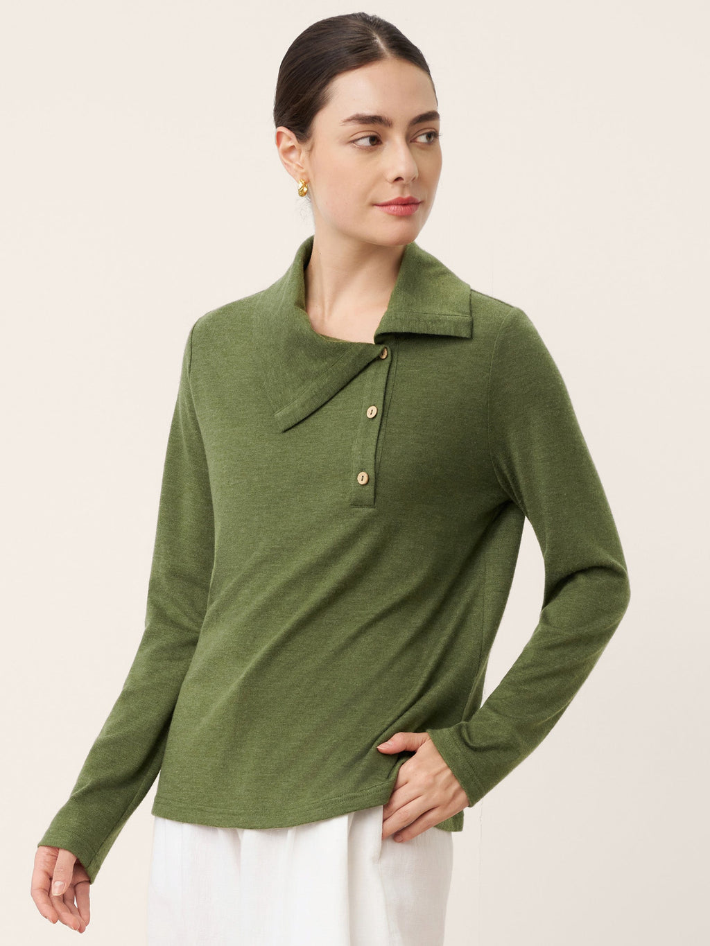LINTICO Wool Asymmetric Lapel Fruit Button Decor Top YSABEL — construction detail
