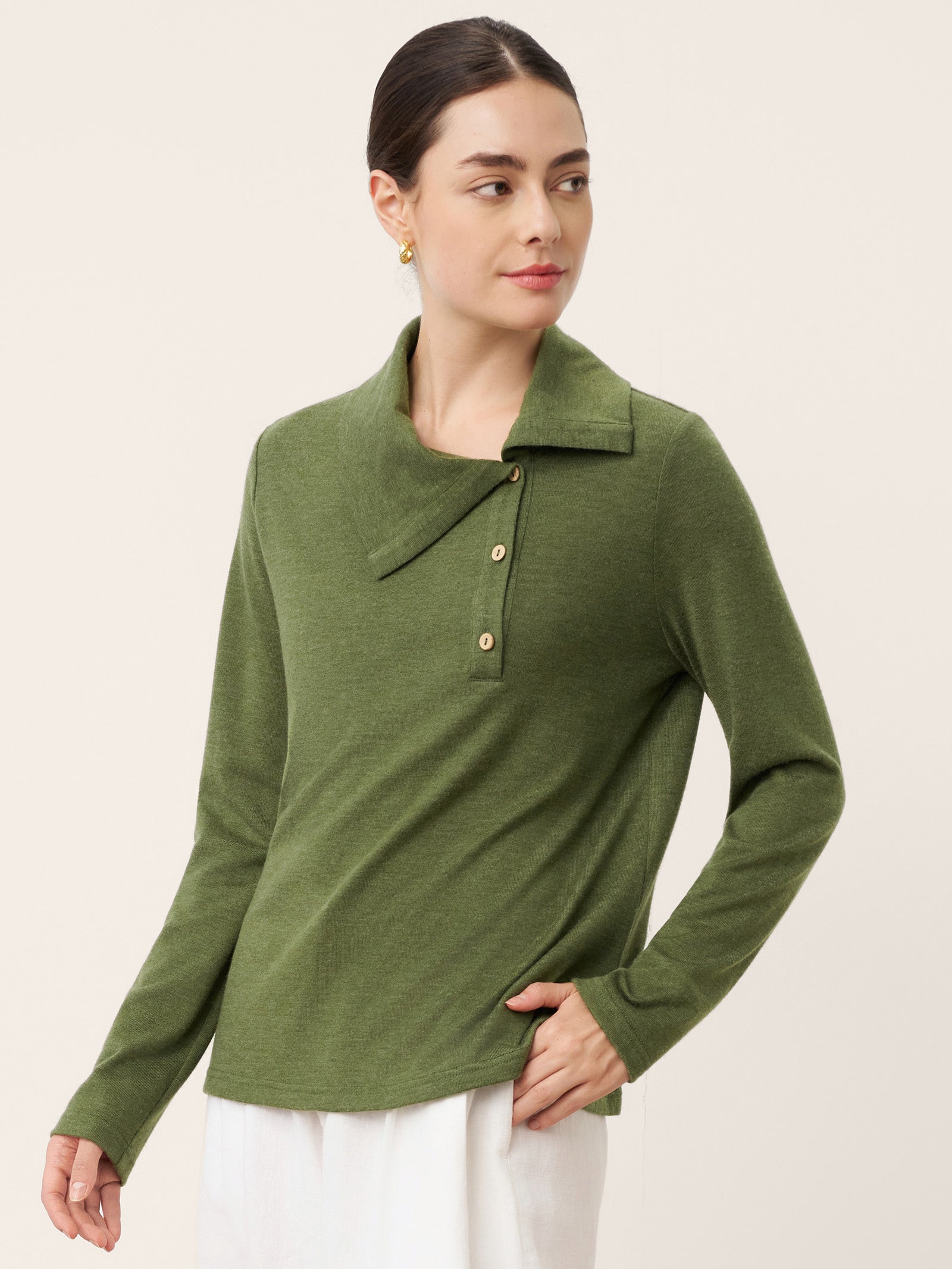 LINTICO Wool Asymmetric Lapel Fruit Button Decor Top YSABEL — construction detail