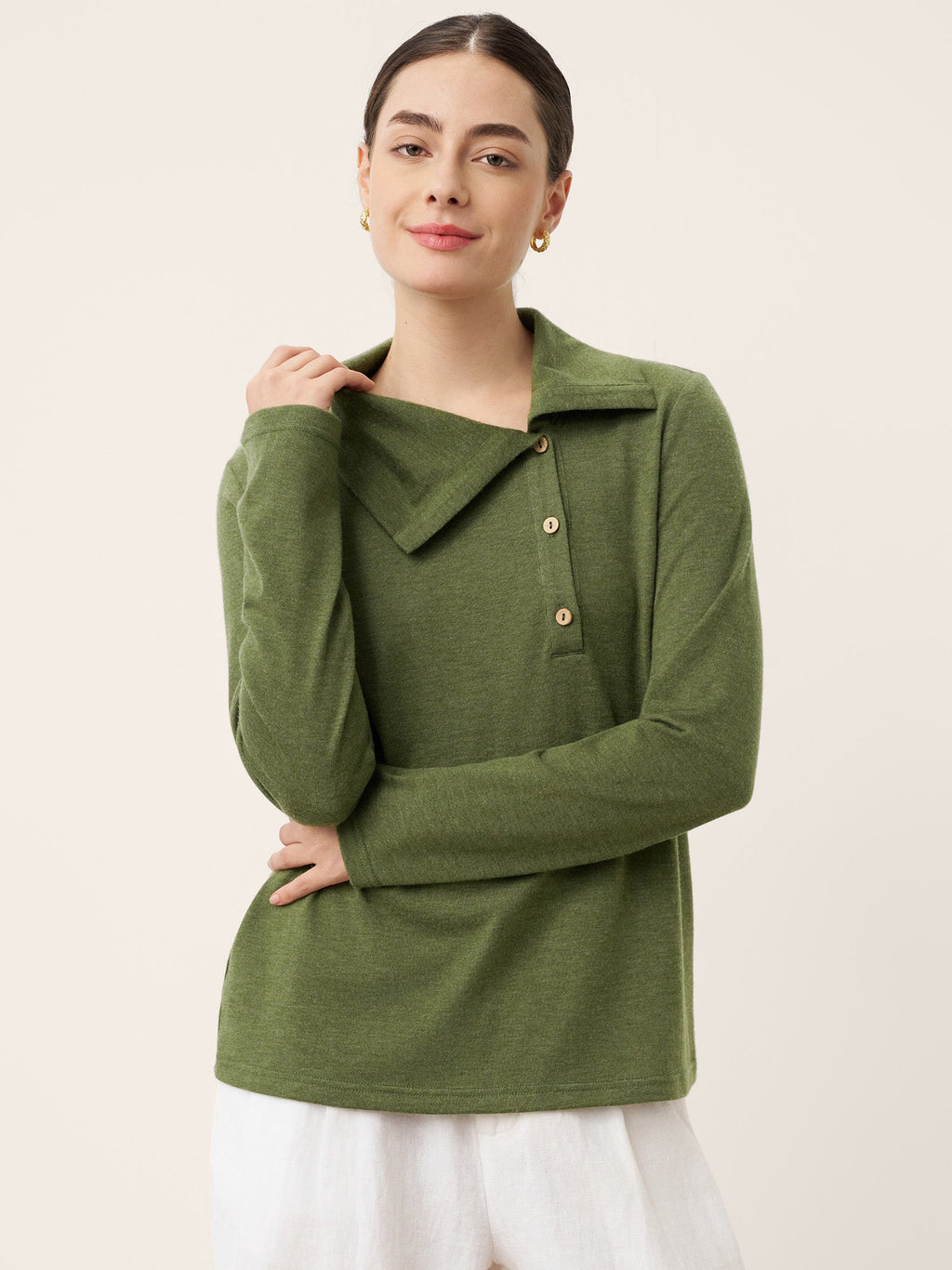 LINTICO Wool Asymmetric Lapel Fruit Button Decor Top YSABEL — LINTICO branding close-up