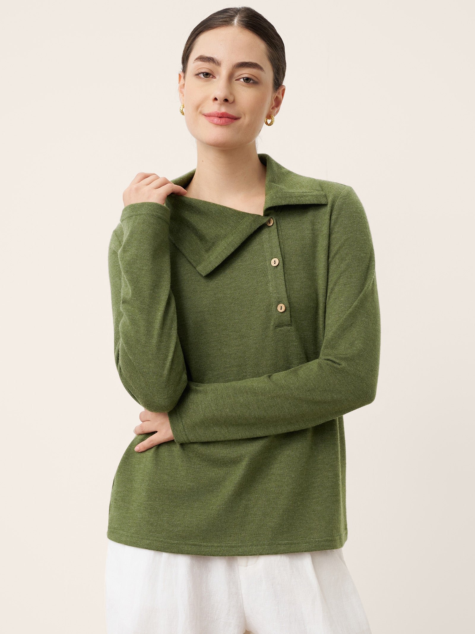LINTICO Wool Asymmetric Lapel Fruit Button Decor Top YSABEL — LINTICO branding close-up