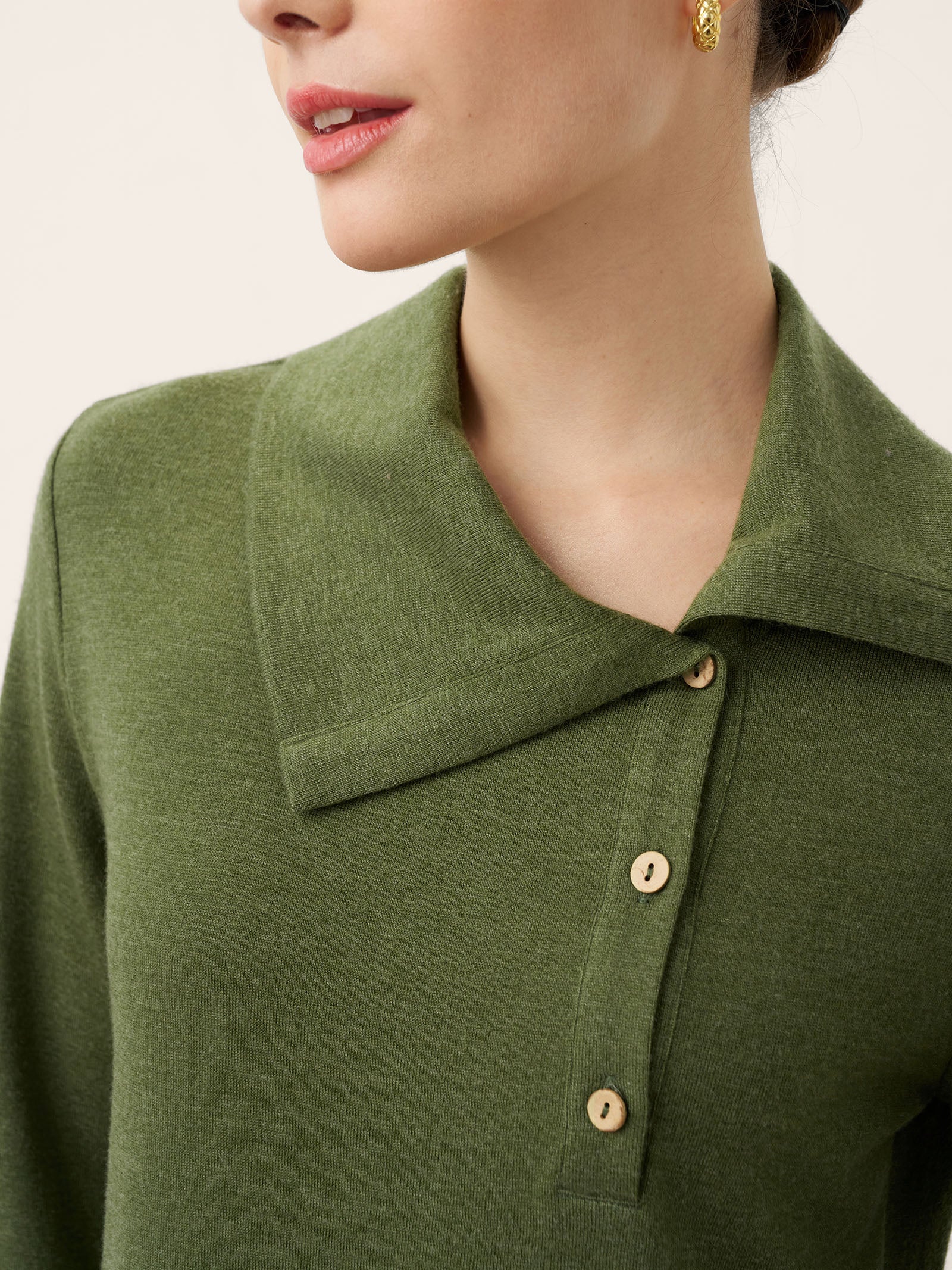 LINTICO Wool Asymmetric Lapel Fruit Button Decor Top YSABEL — detail shot 6