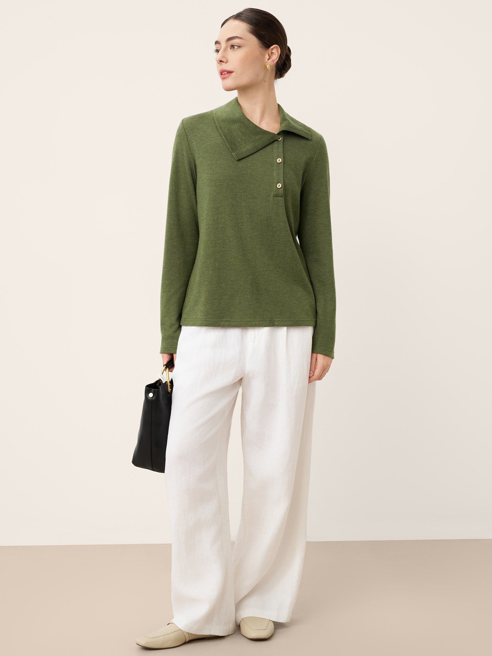 LINTICO Wool Asymmetric Lapel Fruit Button Decor Top YSABEL — lifestyle worn / used context