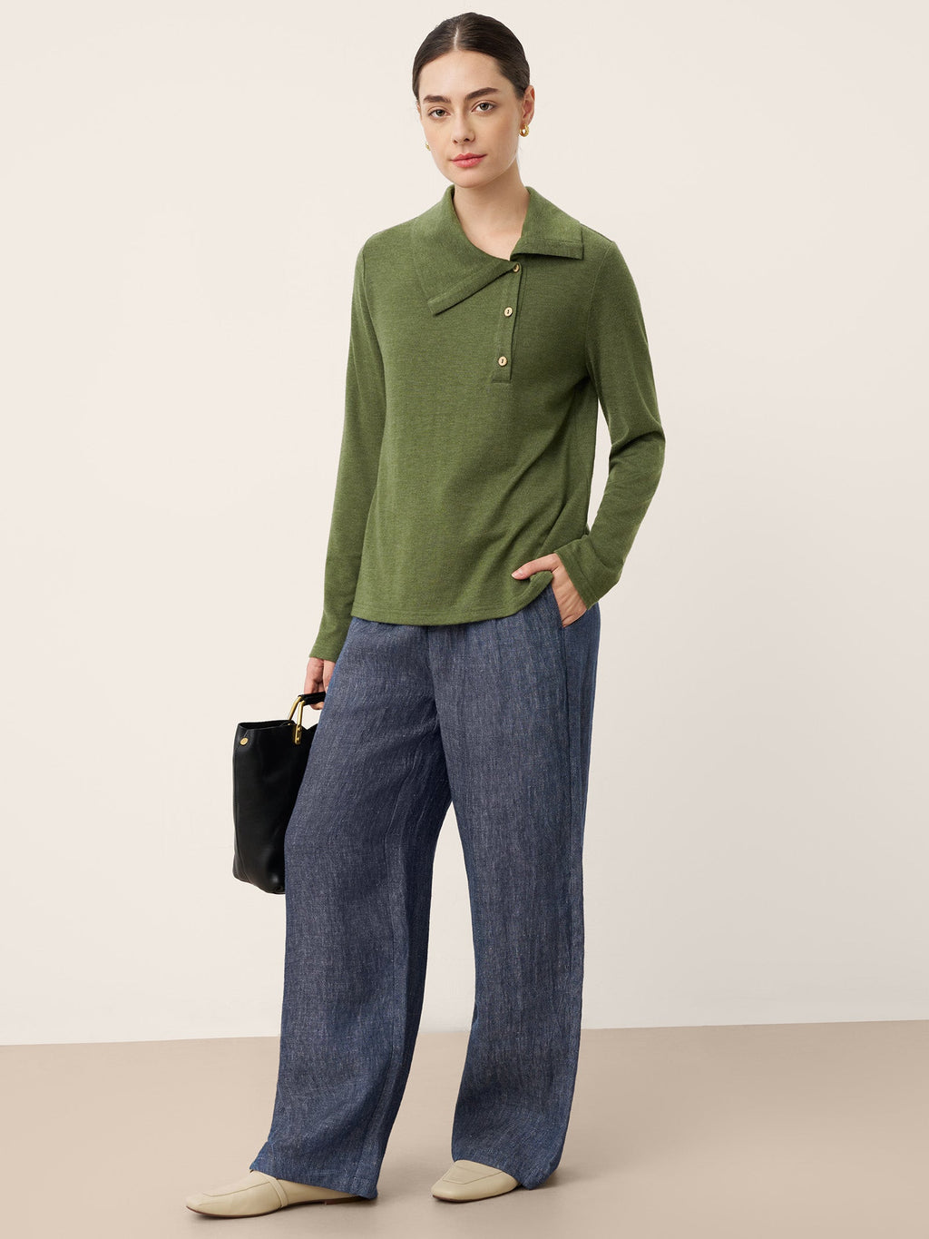 LINTICO Wool Asymmetric Lapel Fruit Button Decor Top YSABEL — detail shot 7