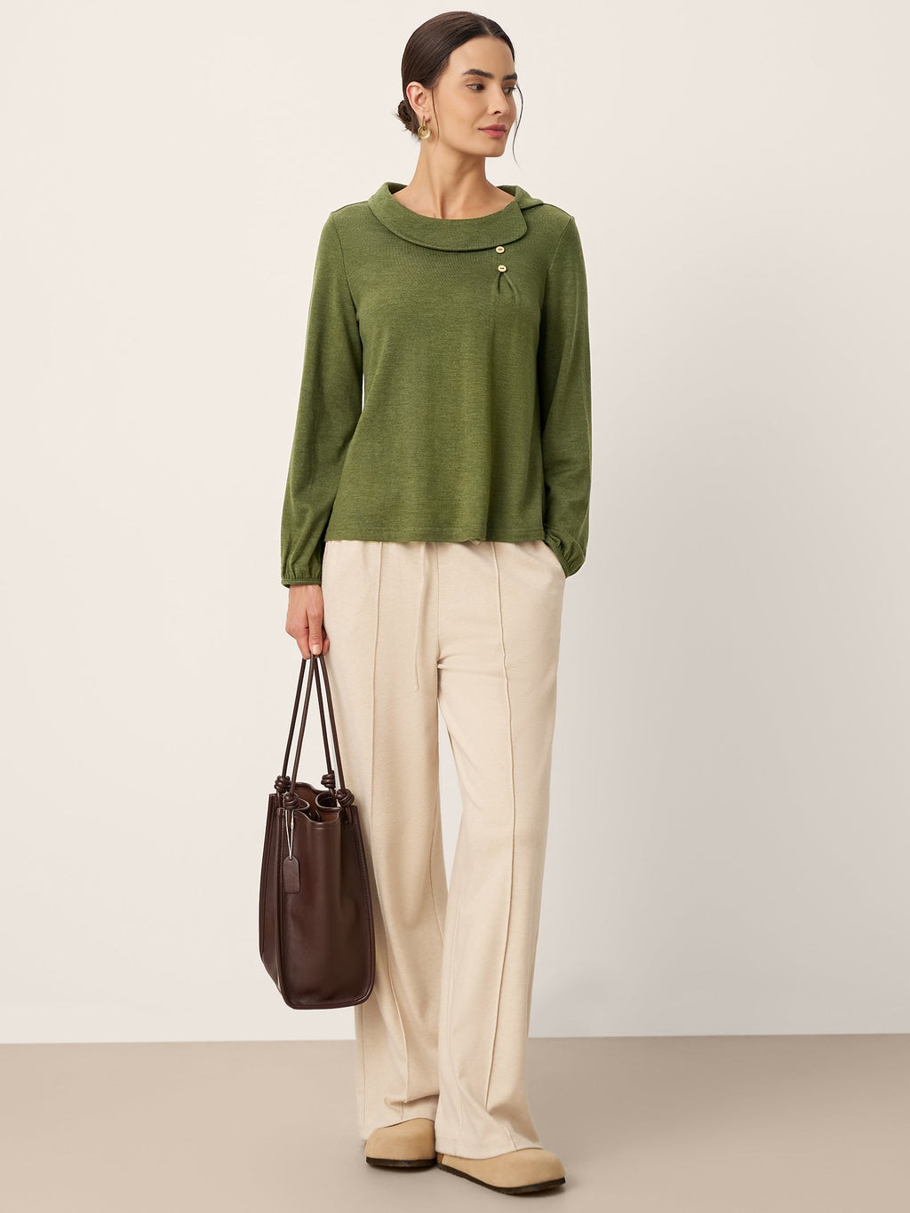 LINTICO LINTICO Wool Asymmetric Pleated Long Sleeve Top ARLETTE — detail shot 6