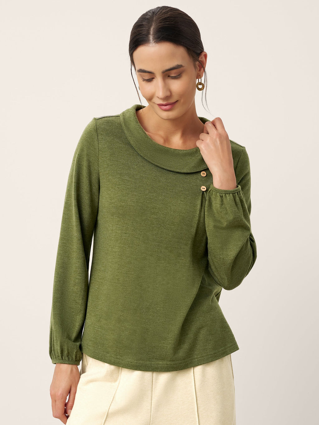 LINTICO LINTICO Wool Asymmetric Pleated Long Sleeve Top ARLETTE — LINTICO branding close-up