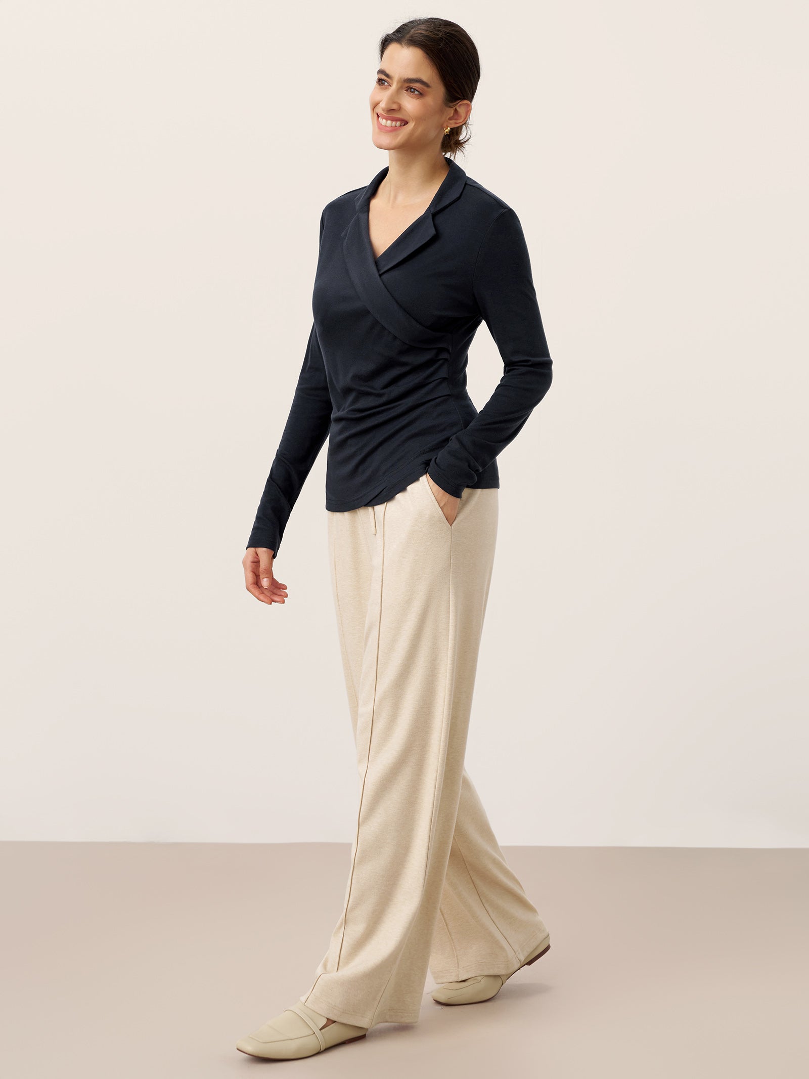 LINTICO Wool Asymmetric Side Ruched Stretch Top BRIONY — LINTICO branding close-up