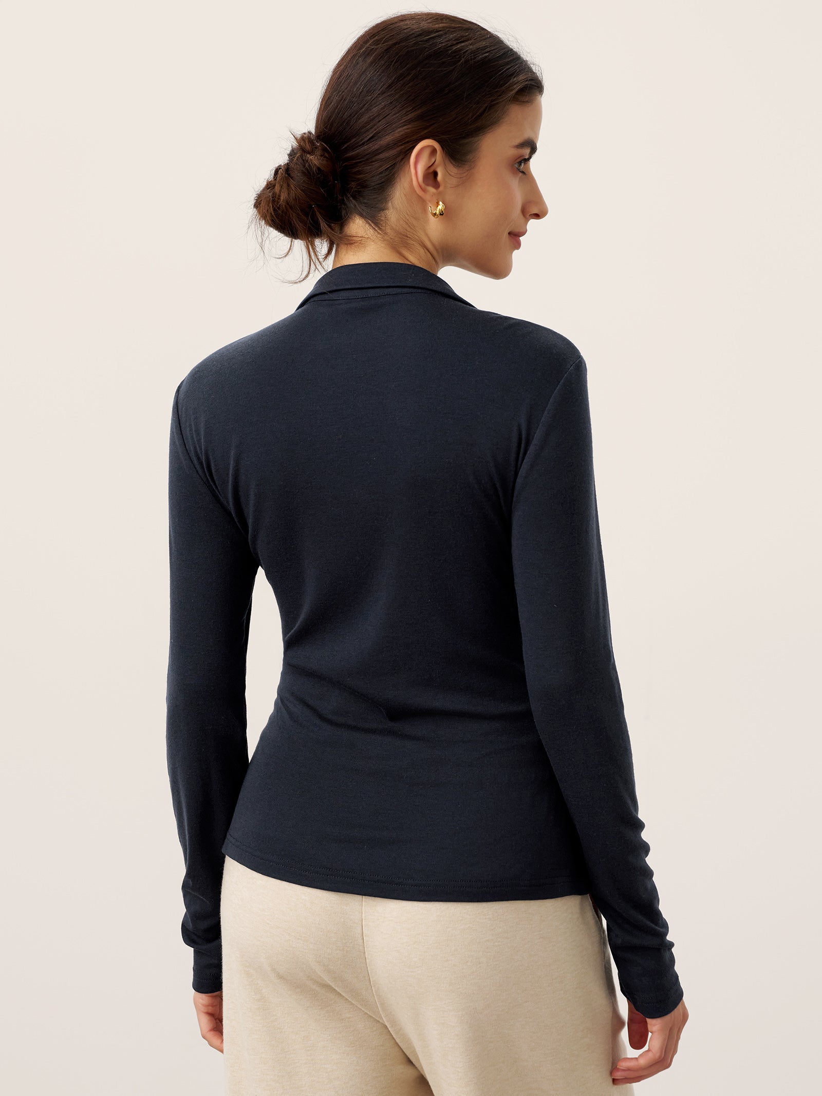 LINTICO Wool Asymmetric Side Ruched Stretch Top BRIONY — construction detail