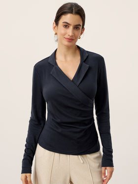 Wool Asymmetric Side Ruched Stretch Top BRIONY