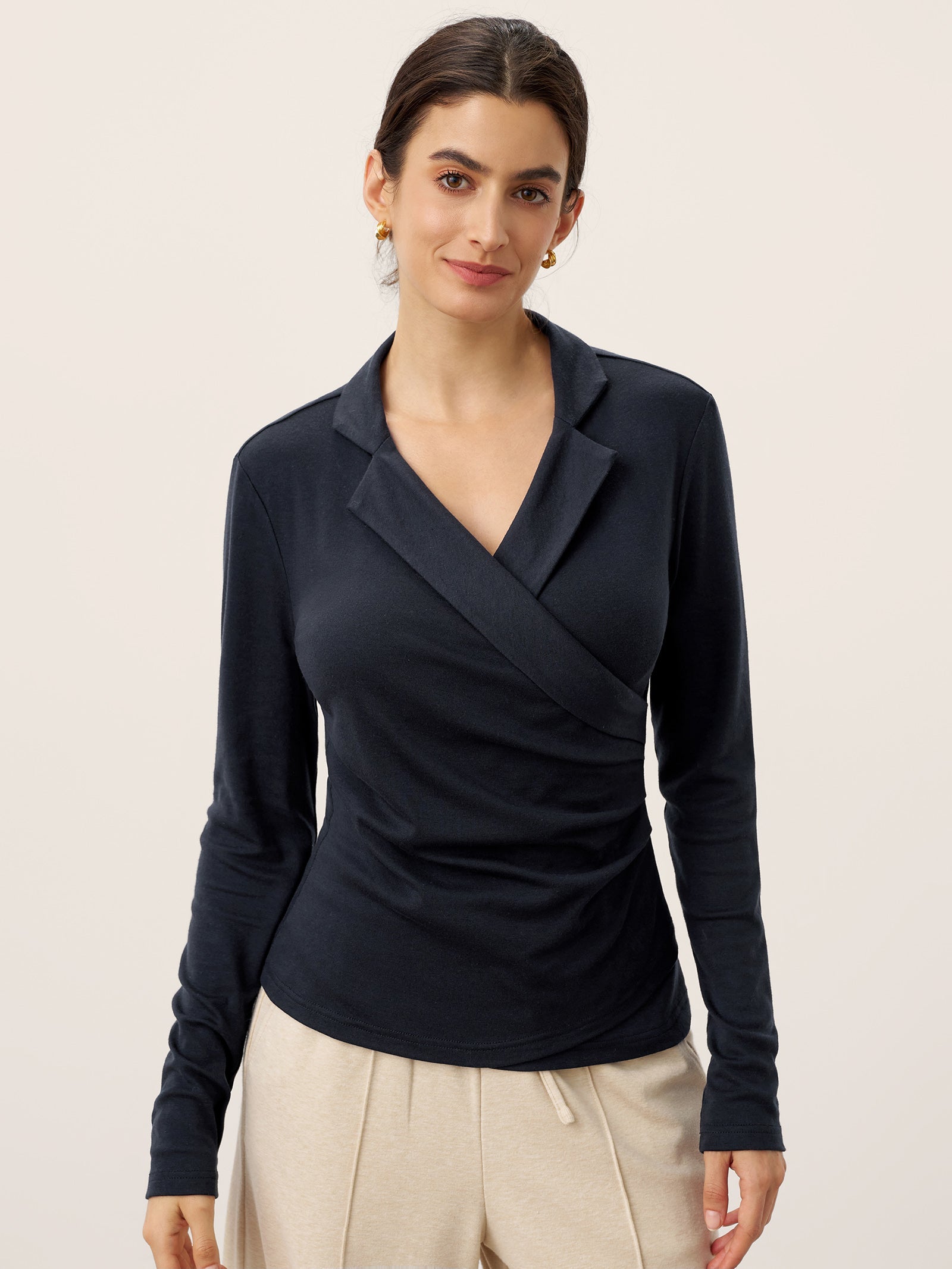 LINTICO Wool Asymmetric Side Ruched Stretch Top BRIONY — main product shot