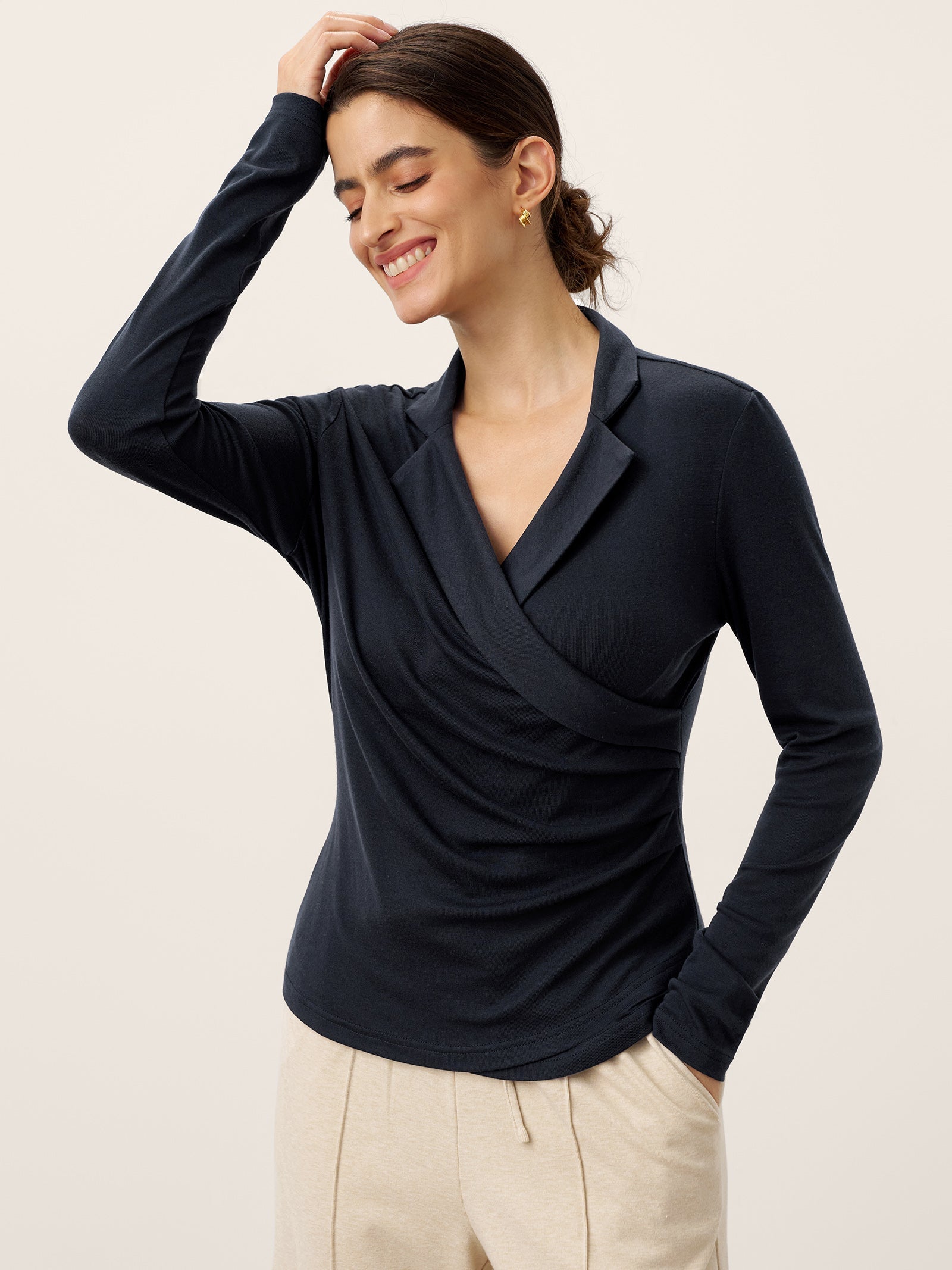LINTICO Wool Asymmetric Side Ruched Stretch Top BRIONY — tops-jersey tops category context