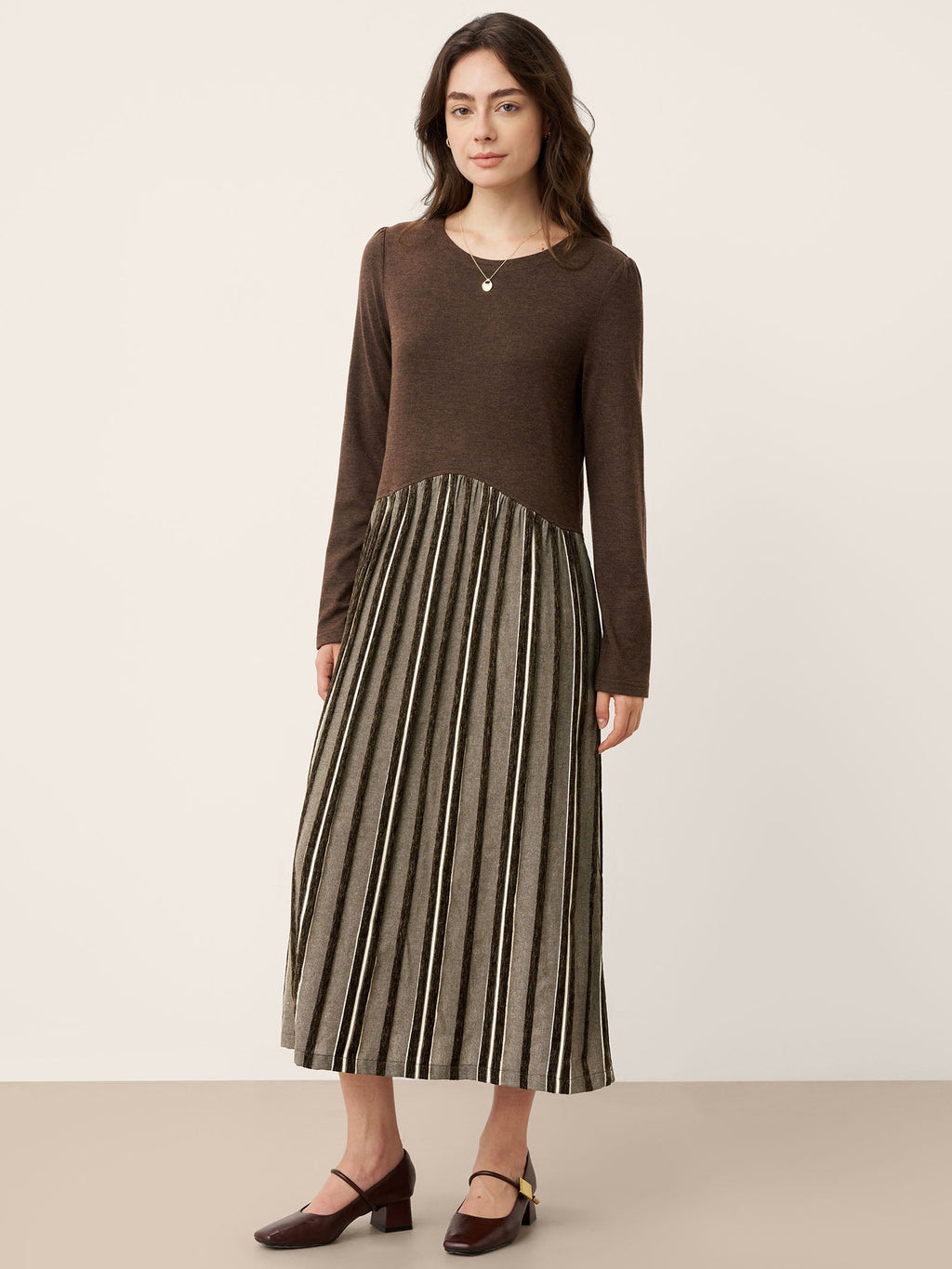 LINTICO Wool Cotton Panel Crescent Waist Maxi Dress CORALINE — construction detail