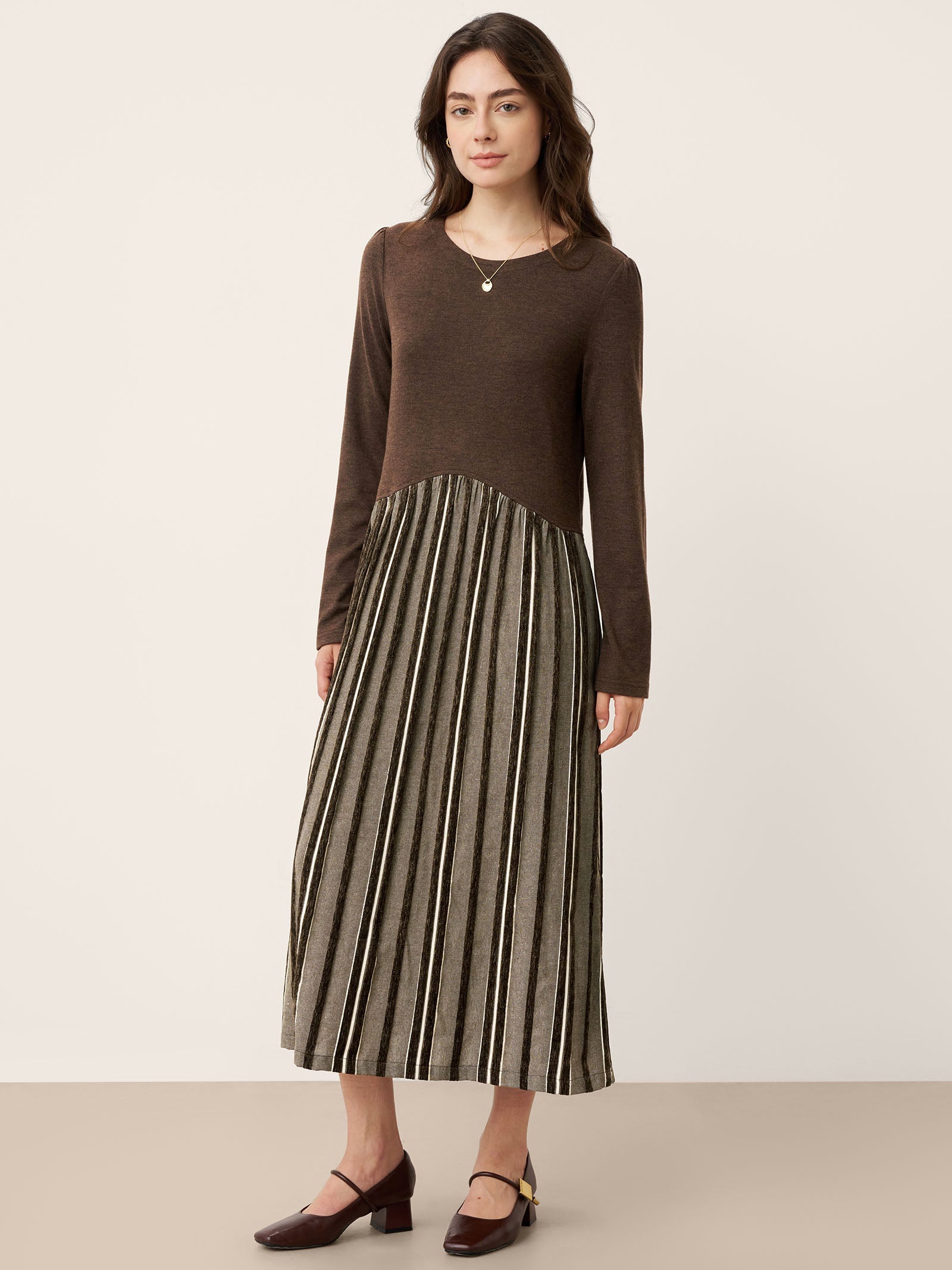 LINTICO Wool Cotton Panel Crescent Waist Maxi Dress CORALINE — construction detail