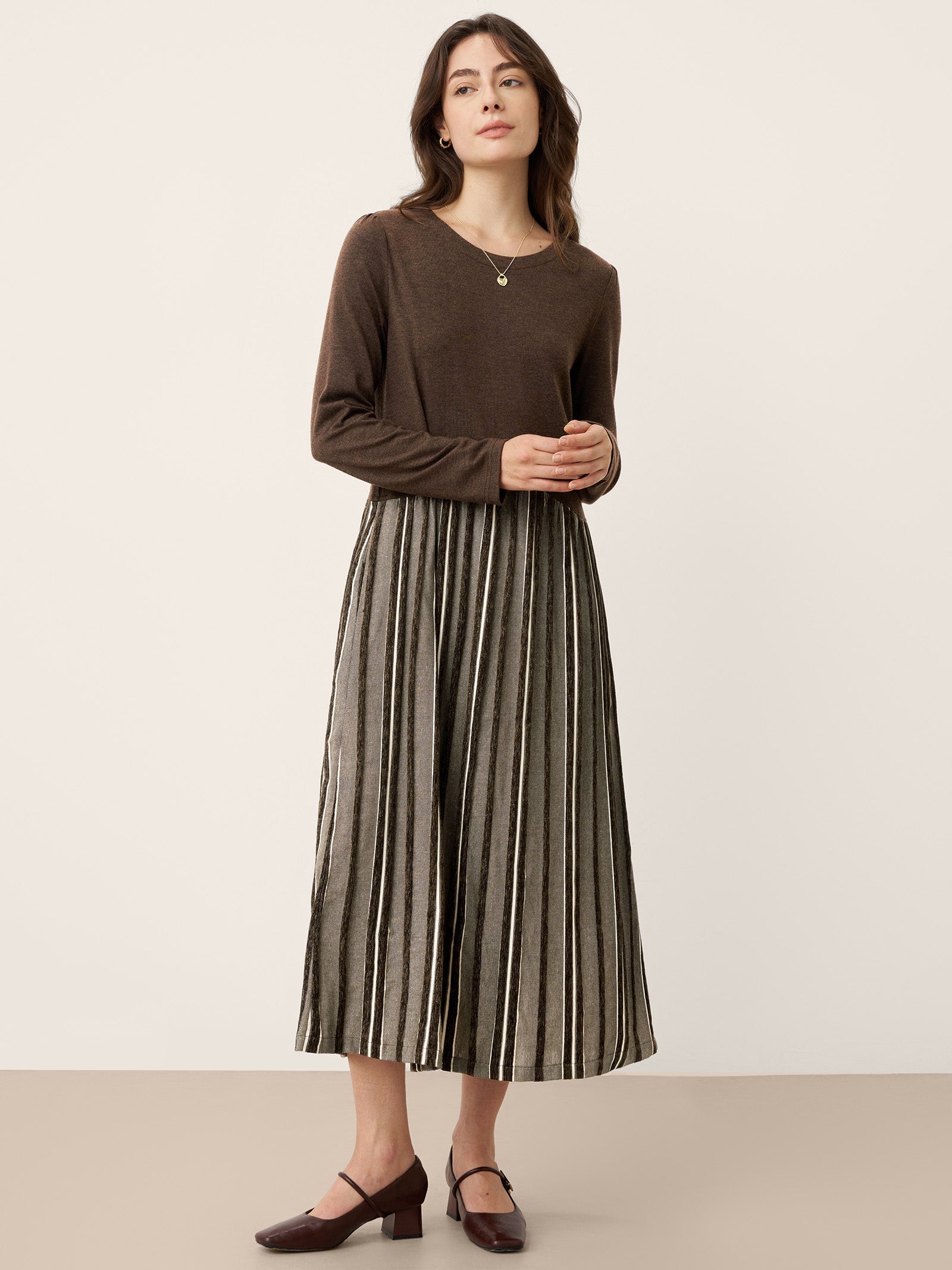 LINTICO Wool Cotton Panel Crescent Waist Maxi Dress CORALINE — LINTICO branding close-up