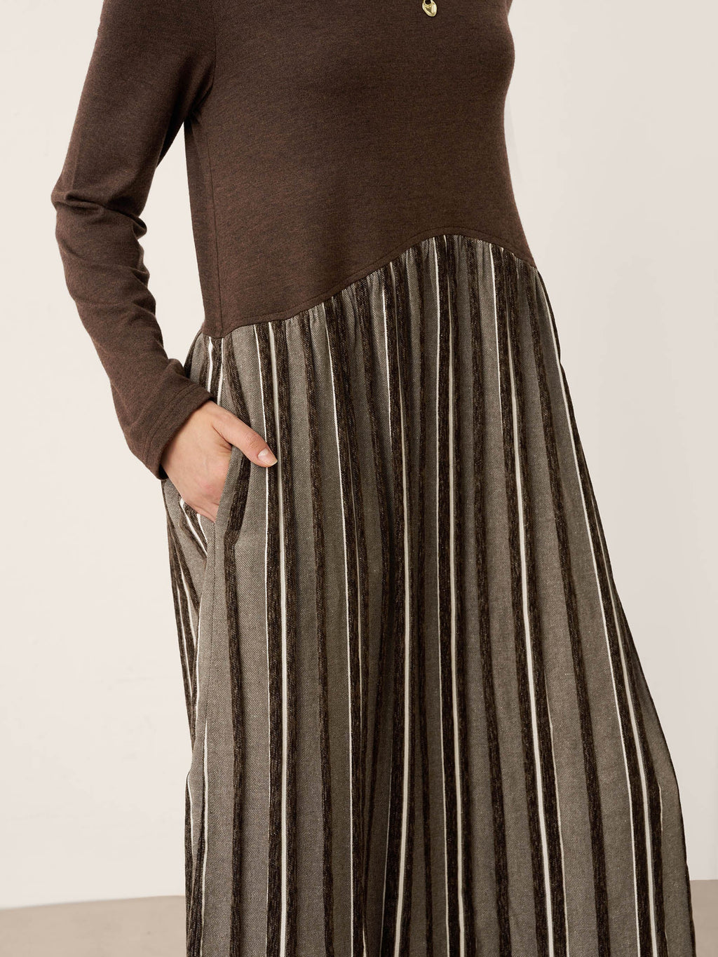 LINTICO Wool Cotton Panel Crescent Waist Maxi Dress CORALINE — lifestyle worn / used context