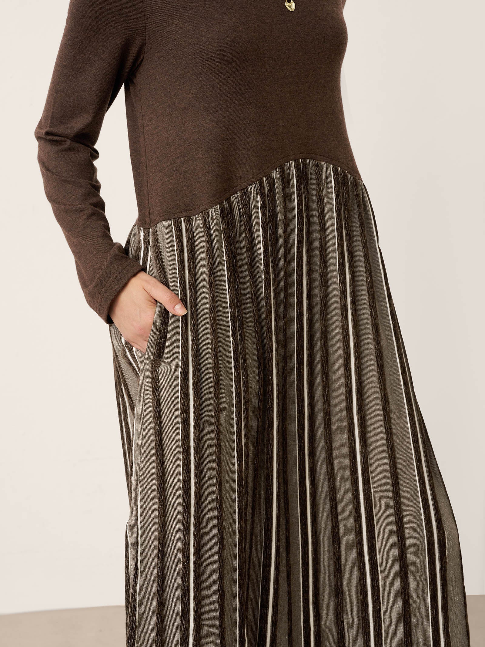 LINTICO Wool Cotton Panel Crescent Waist Maxi Dress CORALINE — lifestyle worn / used context