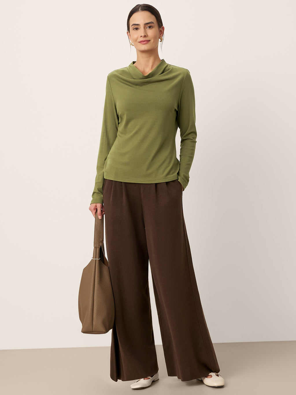 LINTICO Wool Cowl Drape Stretch Long Sleeve Top INEKE — lifestyle worn / used context