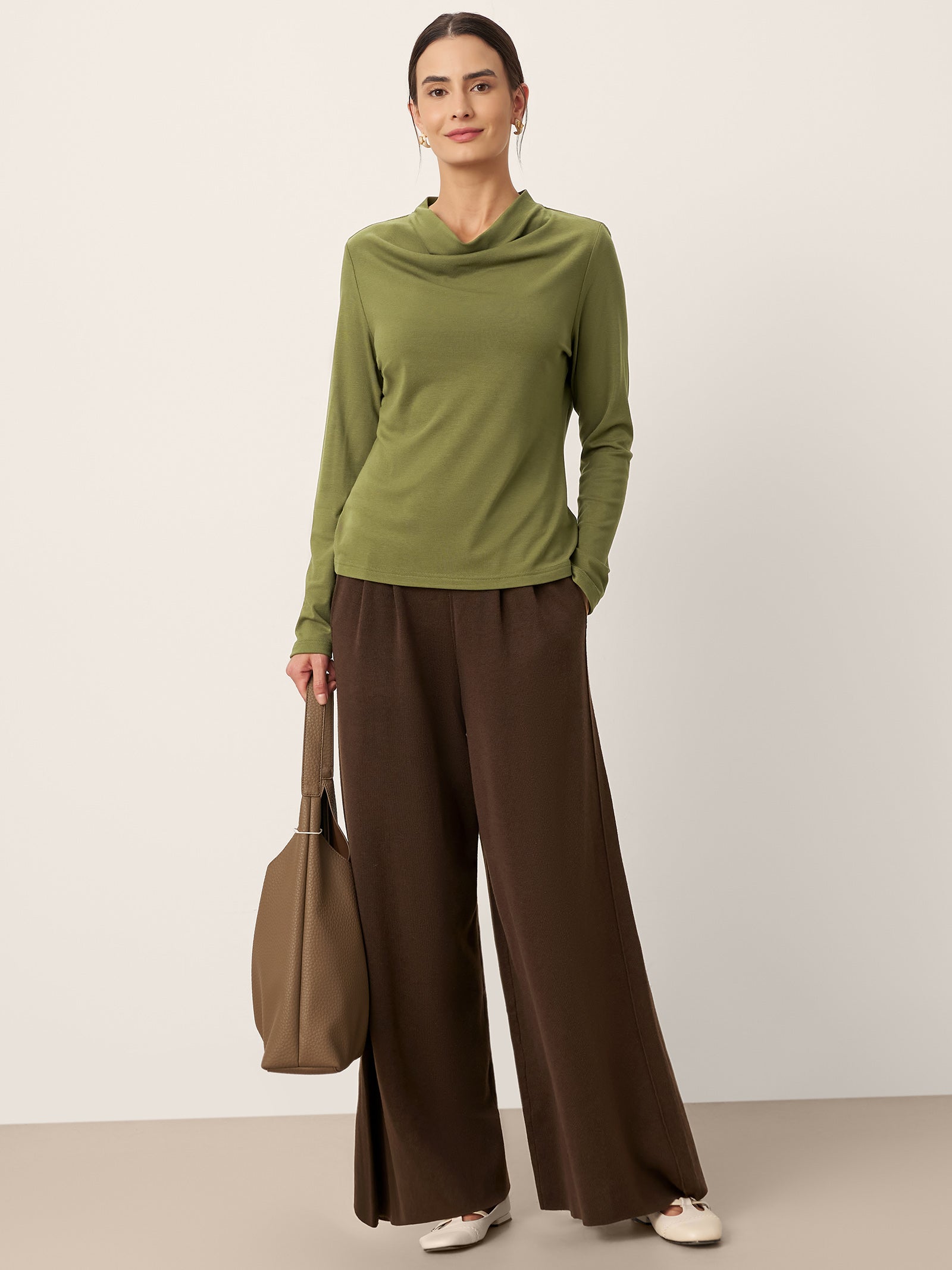 LINTICO Wool Cowl Drape Stretch Long Sleeve Top INEKE — lifestyle worn / used context
