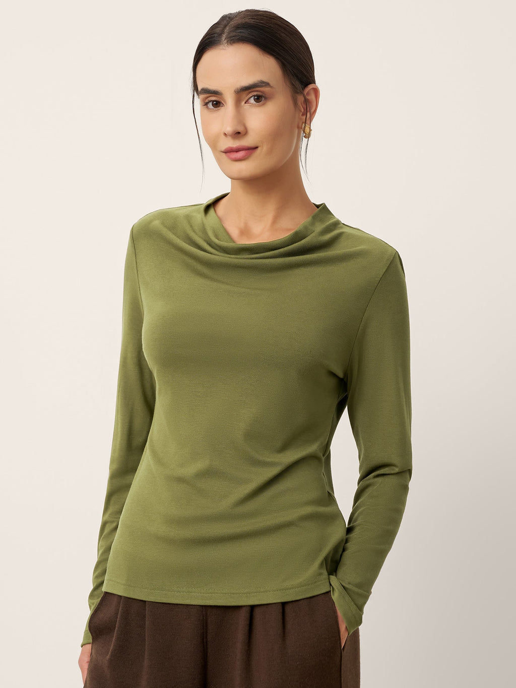 LINTICO Wool Cowl Drape Stretch Long Sleeve Top INEKE — main product shot
