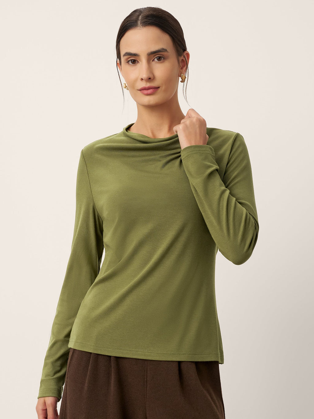 LINTICO Wool Cowl Drape Stretch Long Sleeve Top INEKE — tops-jersey tops category context