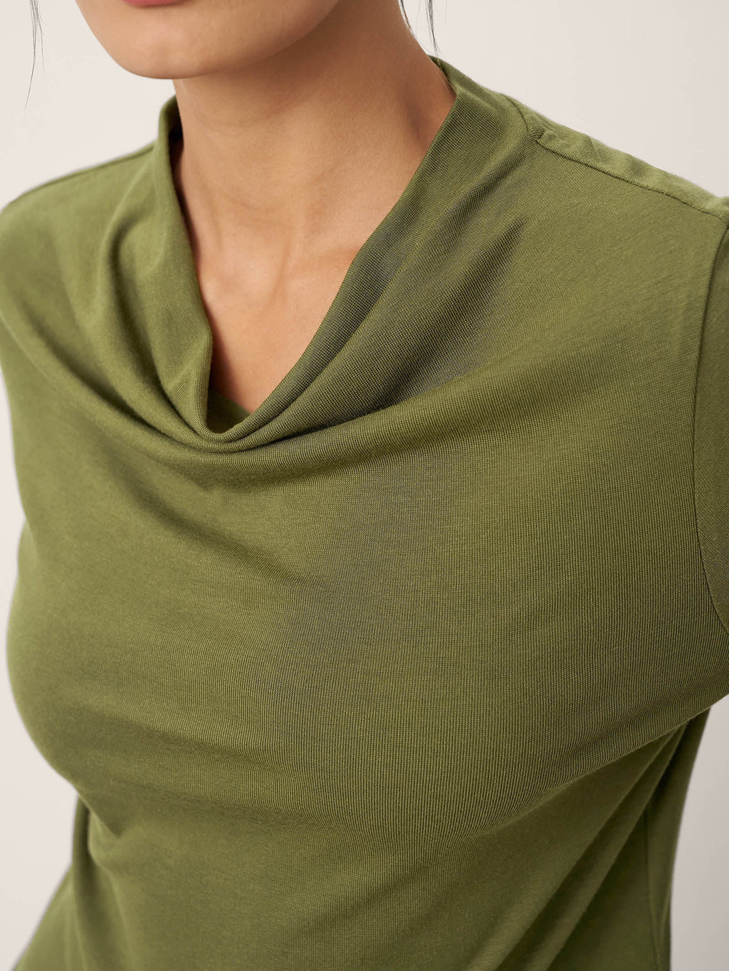 LINTICO Wool Cowl Drape Stretch Long Sleeve Top INEKE — detail shot 6