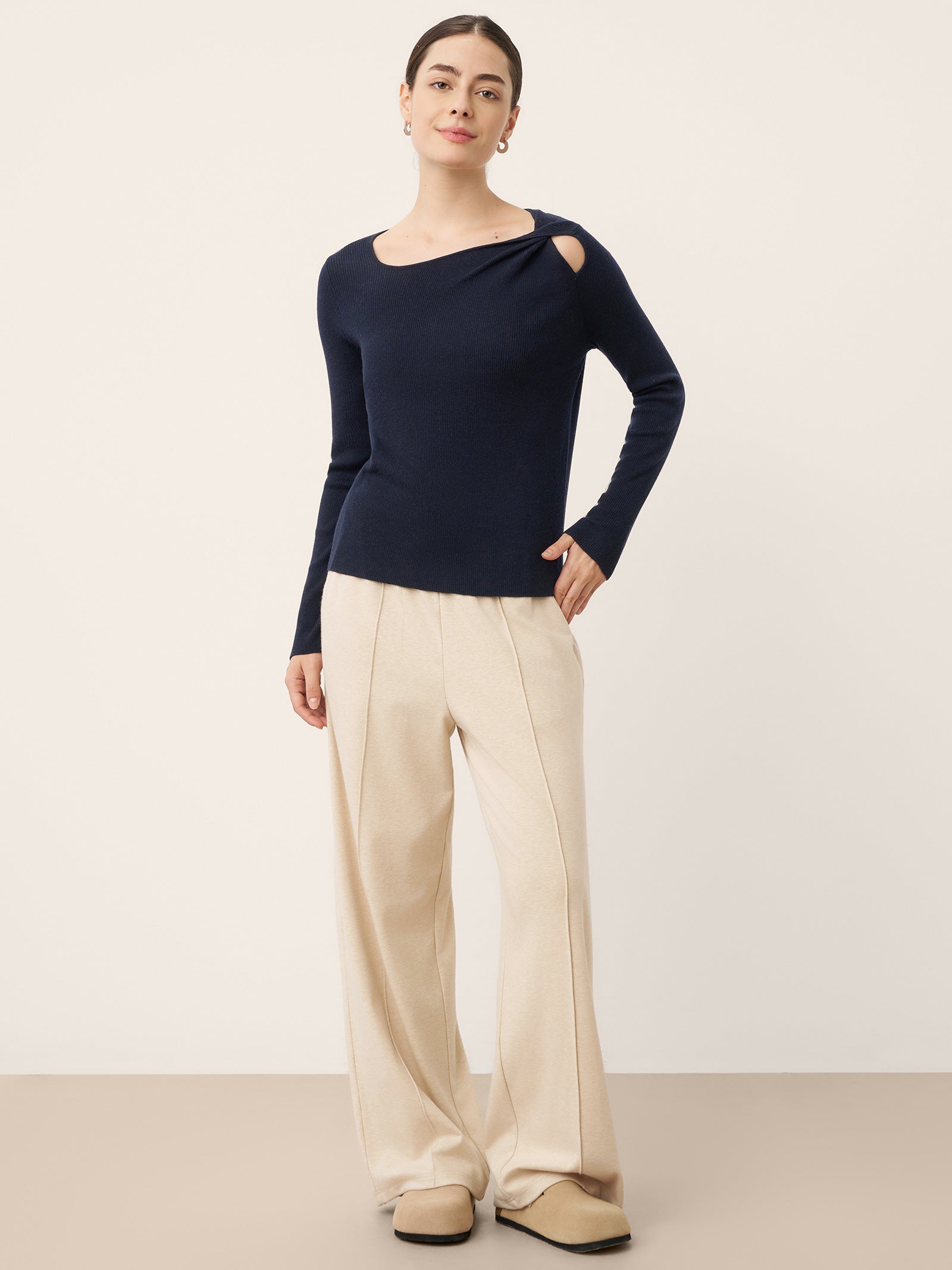 LINTICO Merino Wool Knot Detail Asymmetric Cutout Top QUINNLEY — detail shot 6