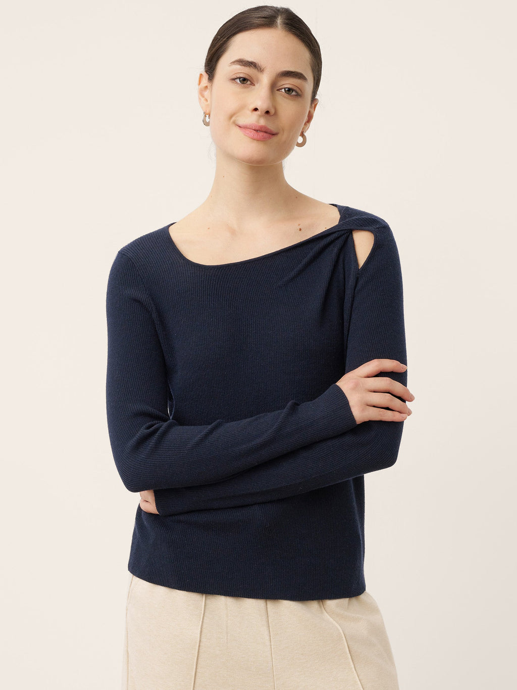 LINTICO Merino Wool Knot Detail Asymmetric Cutout Top QUINNLEY — knitwear-sweater category context