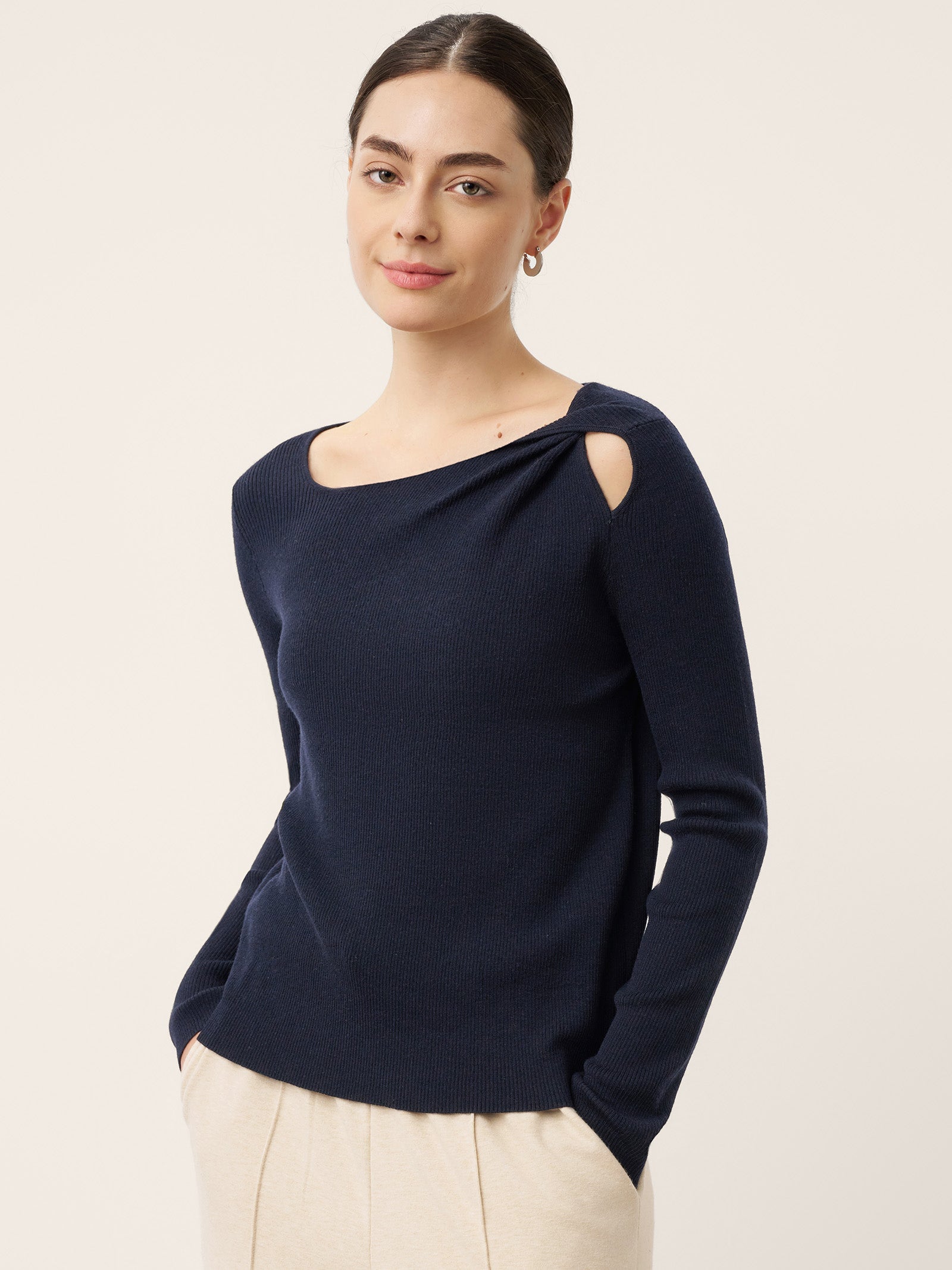 LINTICO Merino Wool Knot Detail Asymmetric Cutout Top QUINNLEY — main product shot