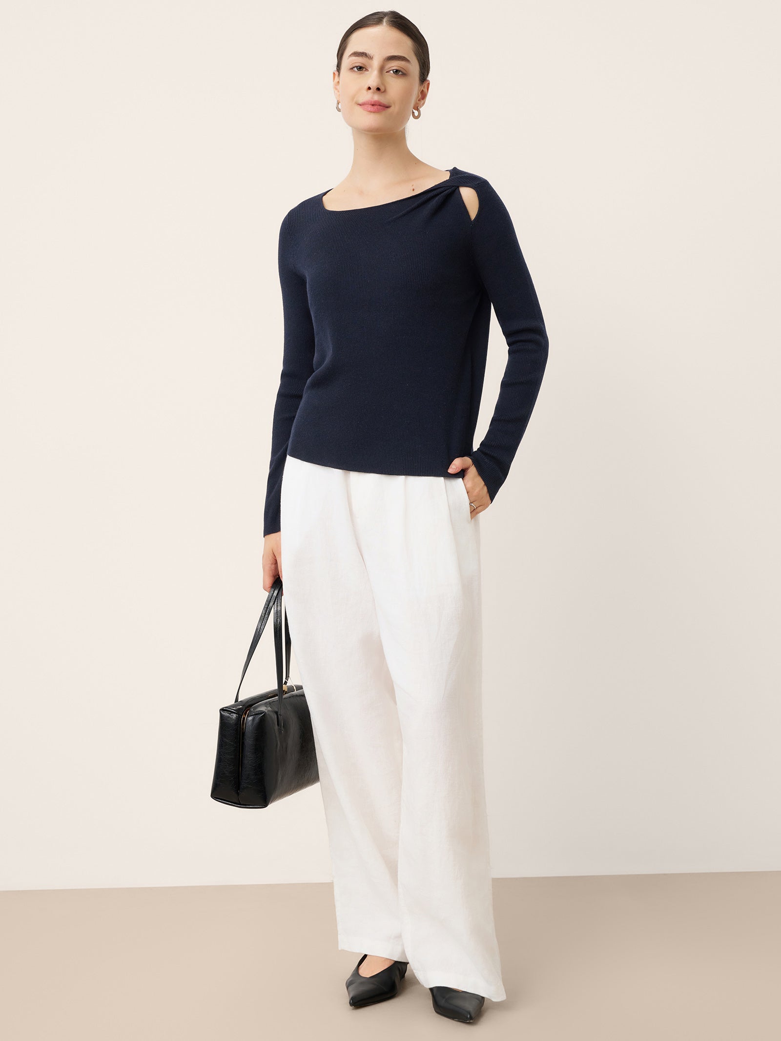 LINTICO Merino Wool Knot Detail Asymmetric Cutout Top QUINNLEY — detail shot 7
