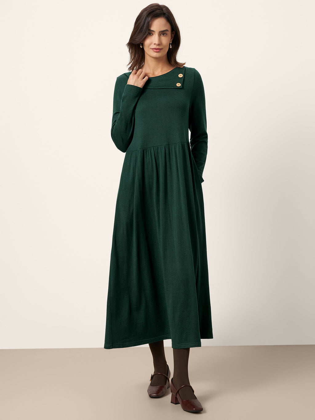 LINTICO Wool Layered Neck Pleated Maxi Dress BILLIE — construction detail