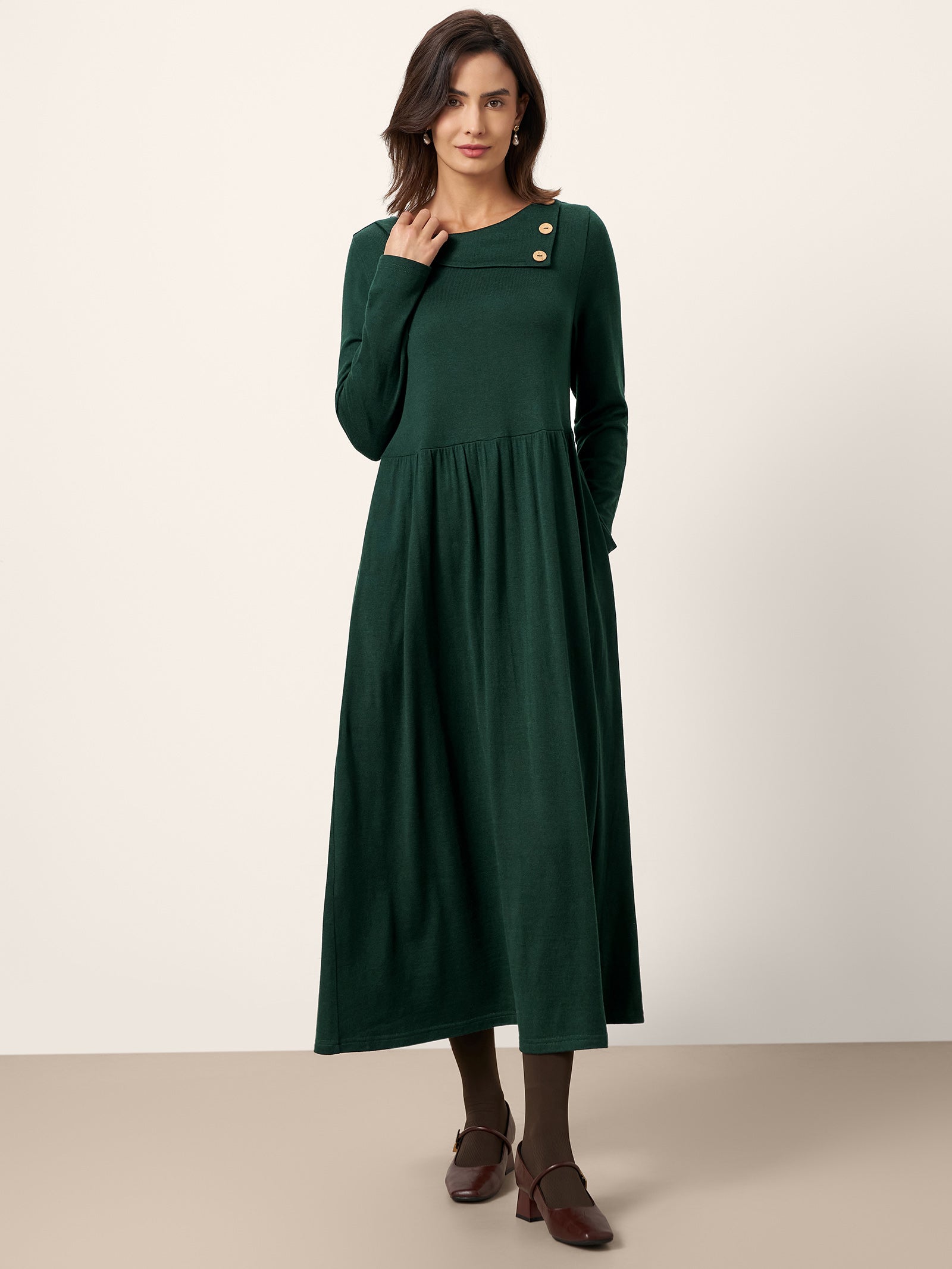 LINTICO Wool Layered Neck Pleated Maxi Dress BILLIE — construction detail