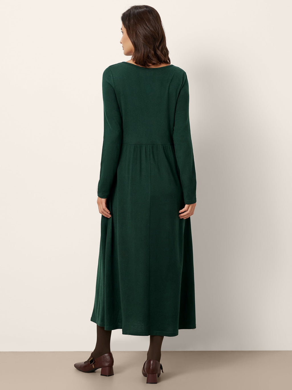 LINTICO Wool Layered Neck Pleated Maxi Dress BILLIE — LINTICO branding close-up