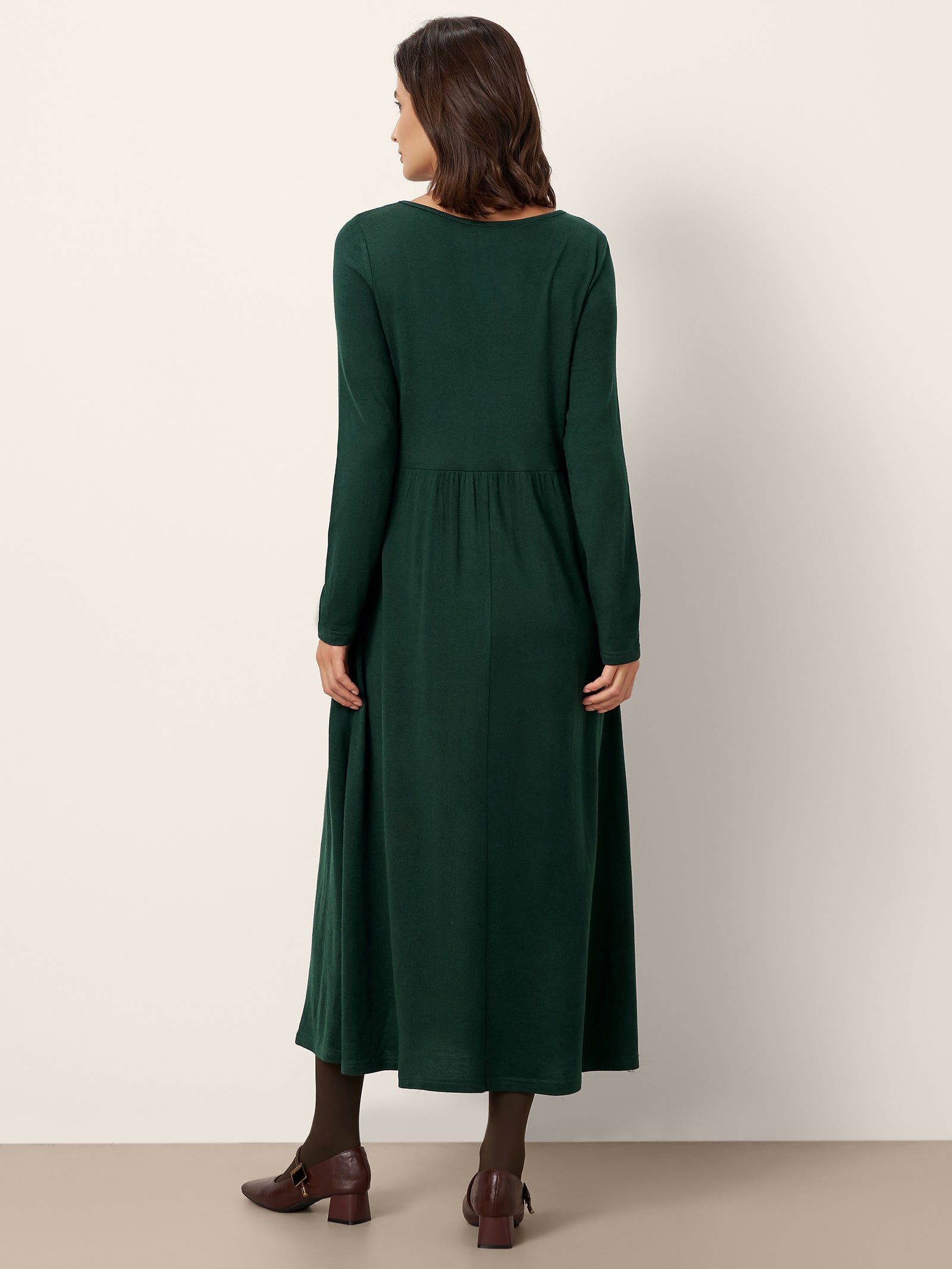 LINTICO Wool Layered Neck Pleated Maxi Dress BILLIE — LINTICO branding close-up