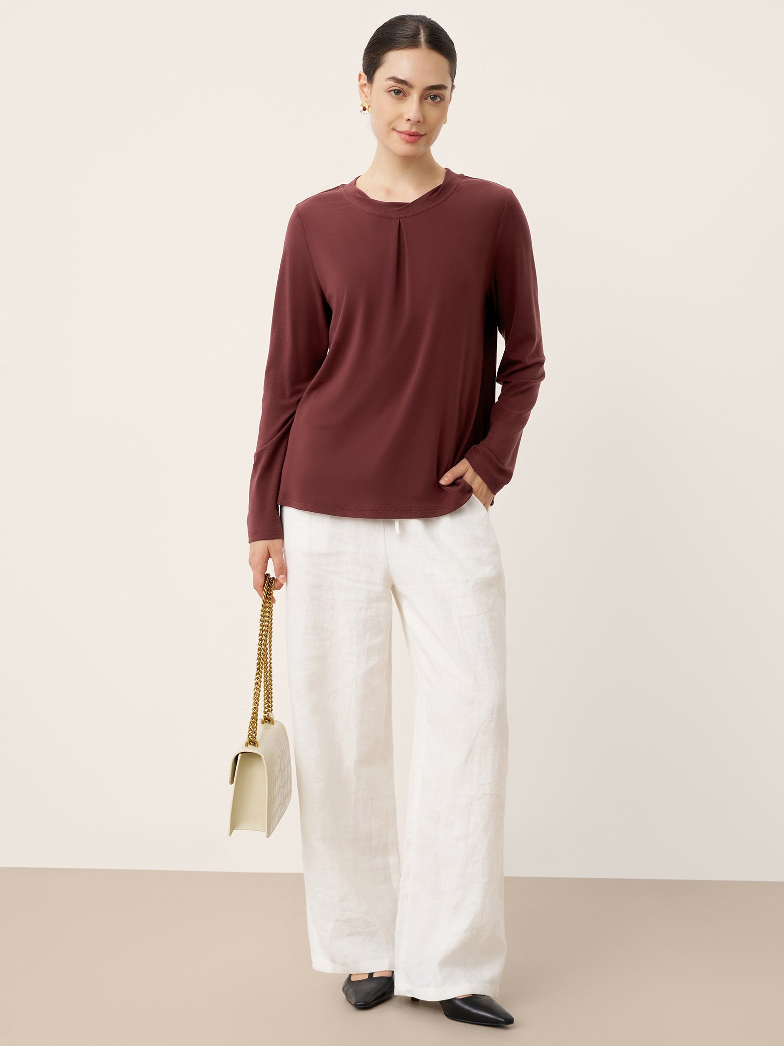 LINTICO Wool Lyocell Twisted Neck Pullover Top NERISSA — lifestyle worn / used context