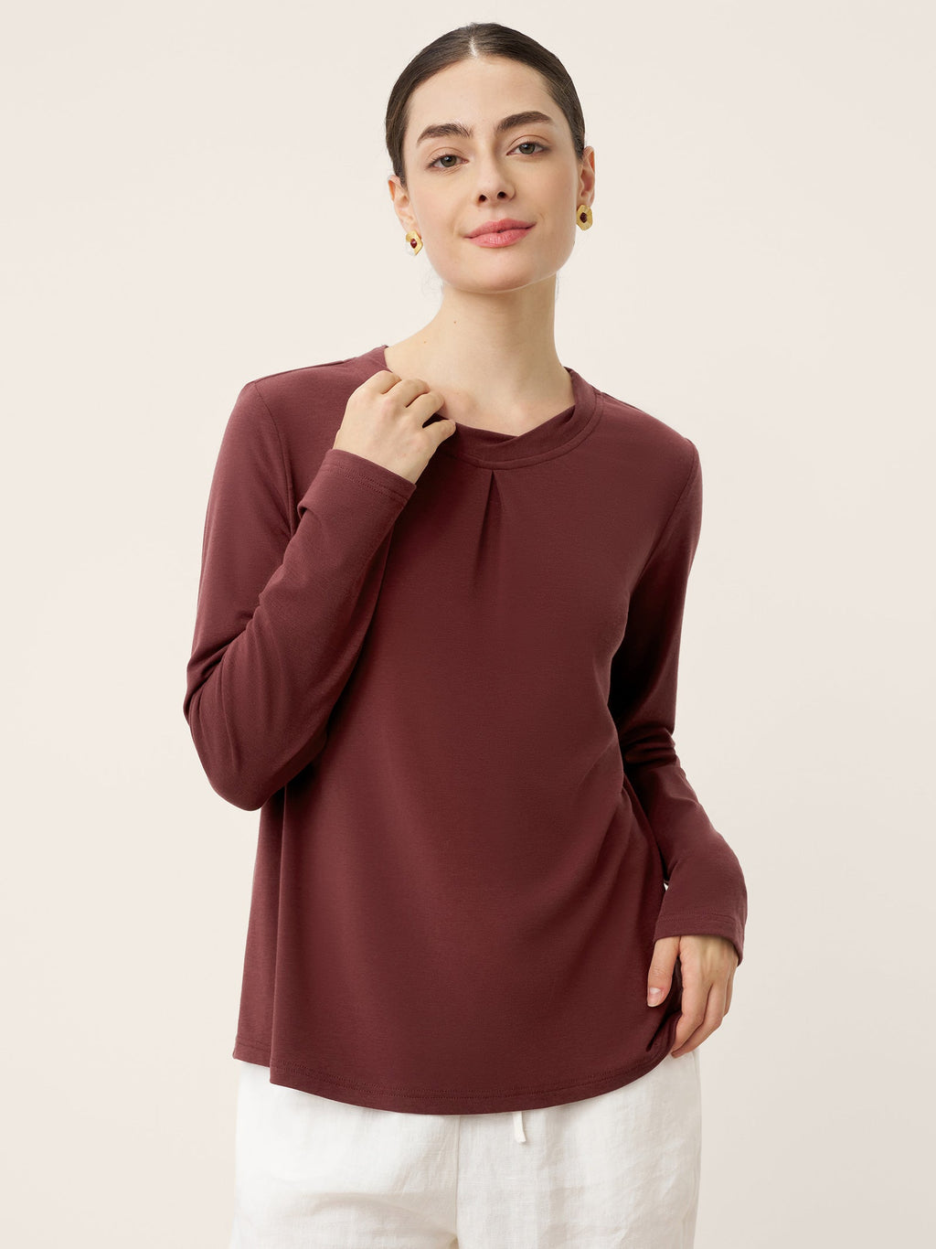 LINTICO Wool Lyocell Twisted Neck Pullover Top NERISSA — LINTICO branding close-up