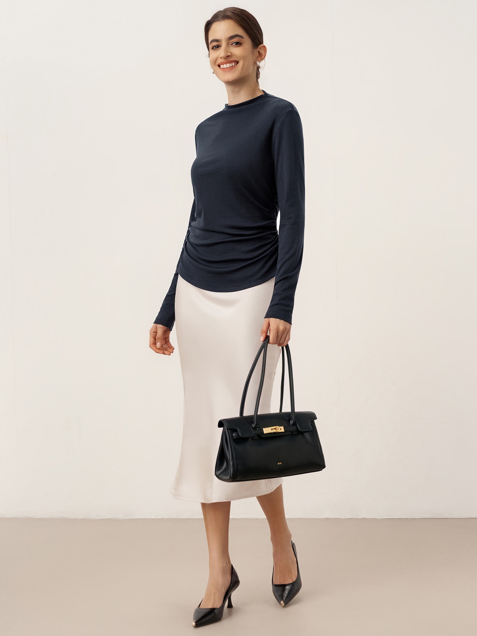 LINTICO LINTICO Wool Mock Neck Waist Pleat Top ISOLDE — detail shot 6