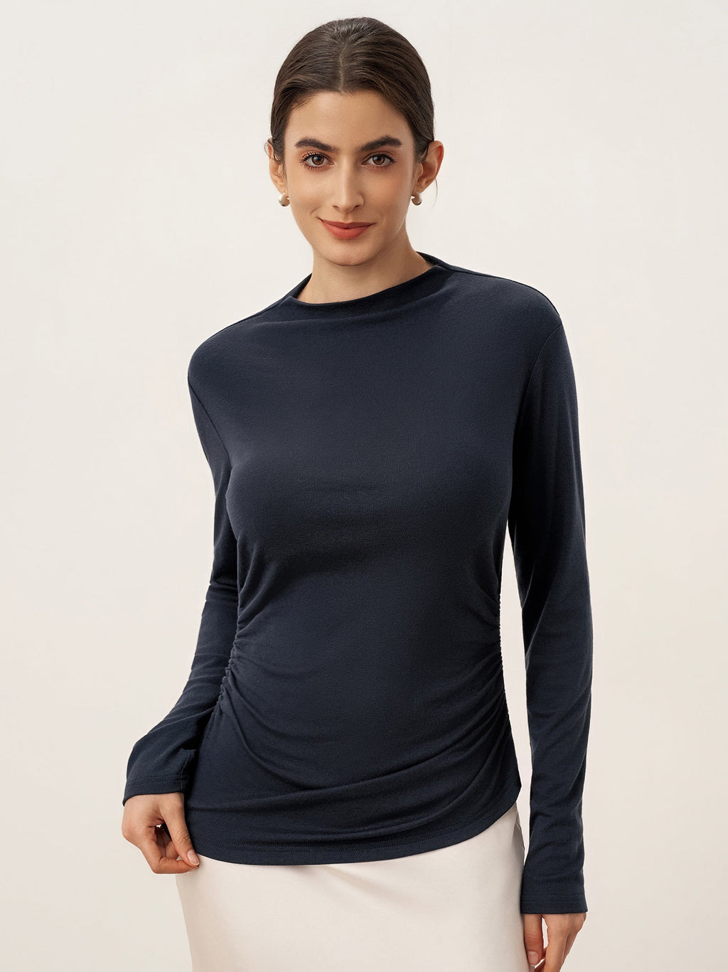 LINTICO LINTICO Wool Mock Neck Waist Pleat Top ISOLDE — LINTICO branding close-up