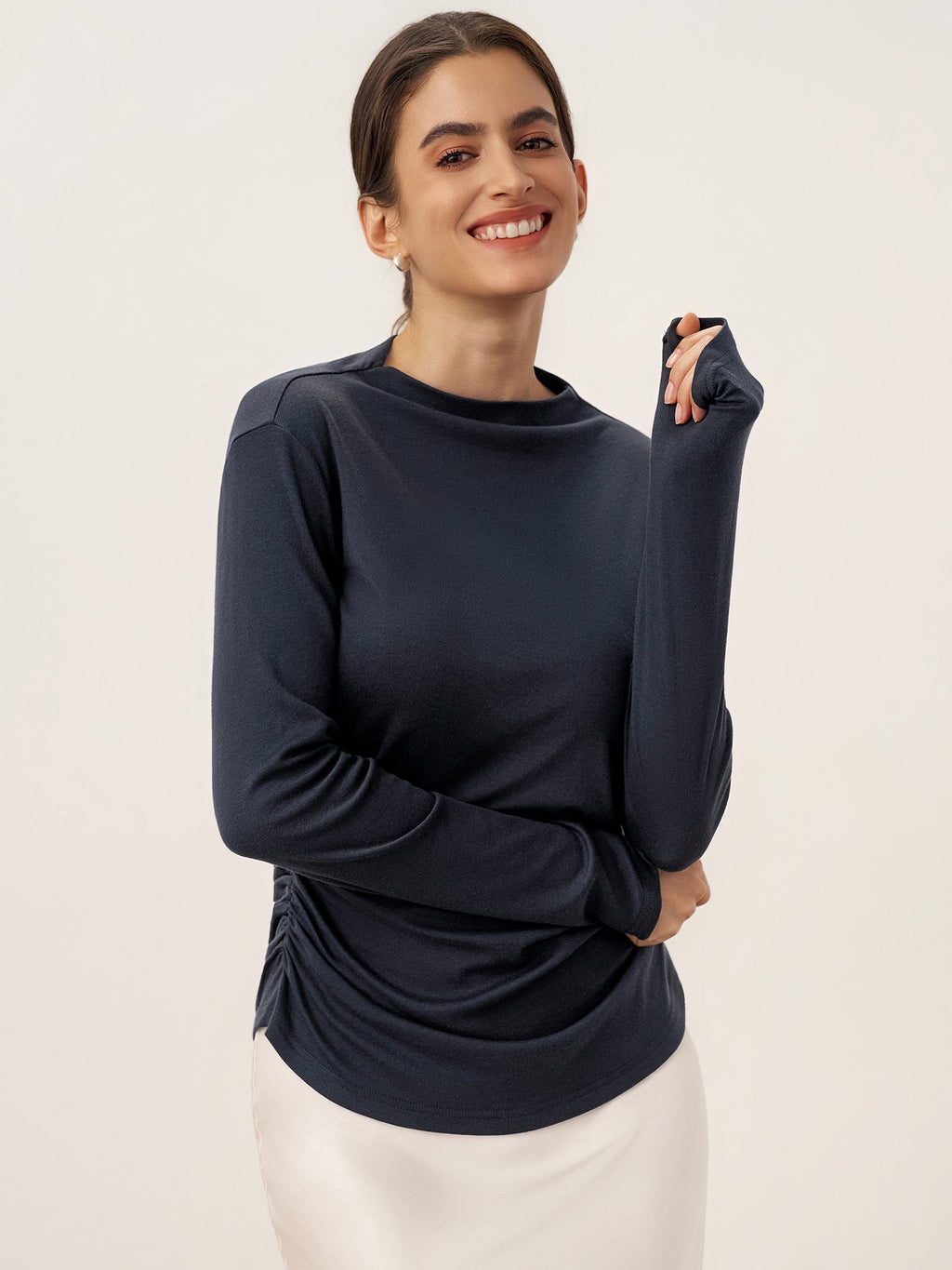 LINTICO LINTICO Wool Mock Neck Waist Pleat Top ISOLDE — lifestyle worn / used context
